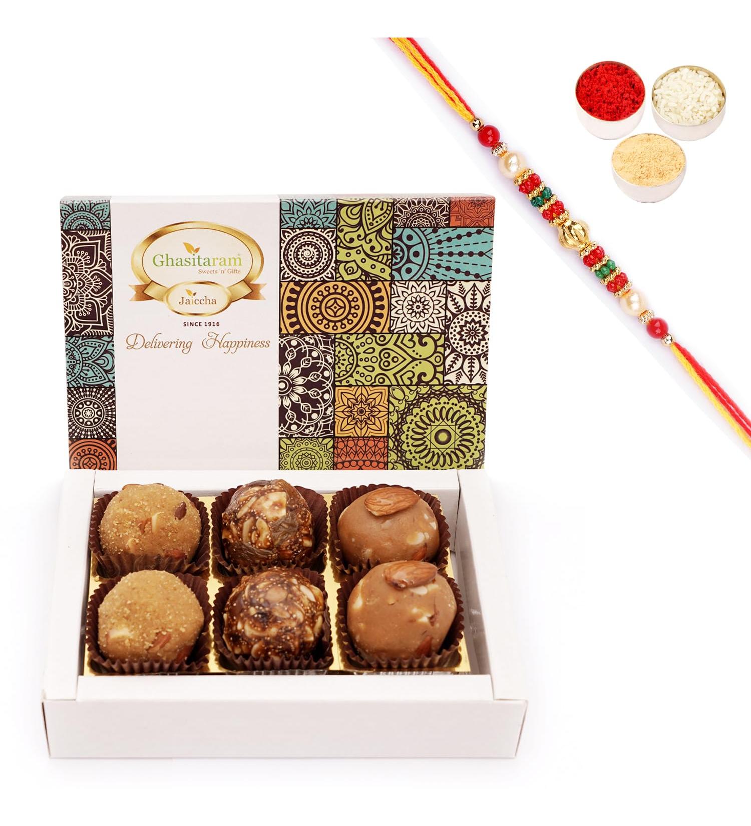 Ghasitaram Gifts Jaiccha Rakhi Gifts for Brothers - Assorted laddoos Box 6 Pcs with Pearl Beads Rakhi - Buy Online on SooperMarket.com