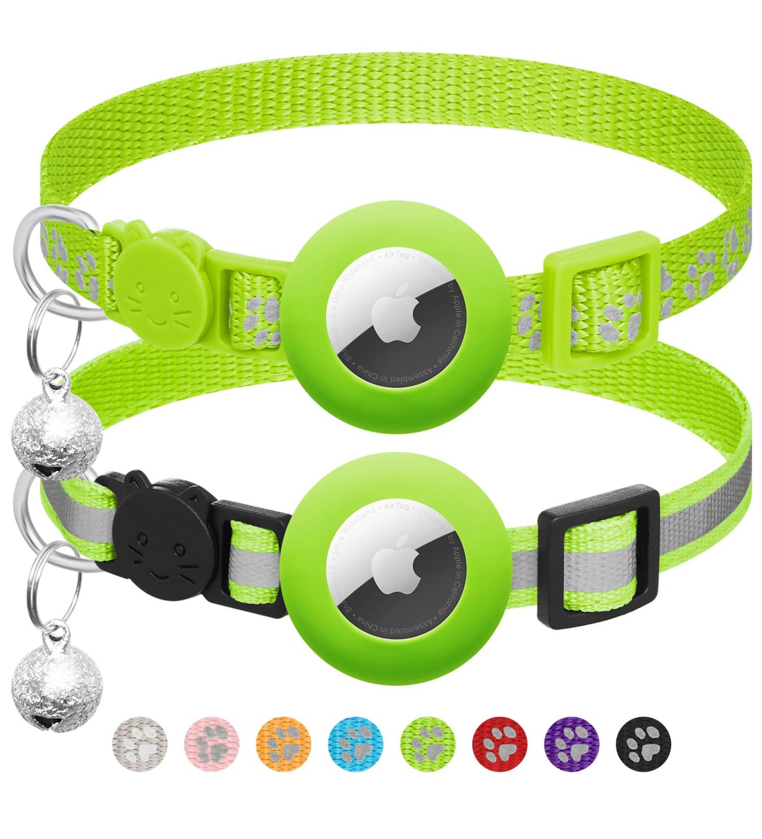 Reflective Airtag Cat Collar with Bell - Adjustable Kitten Neck Band Safety Buckle Green | International Shipping - Buy Online on SooperMarket.com