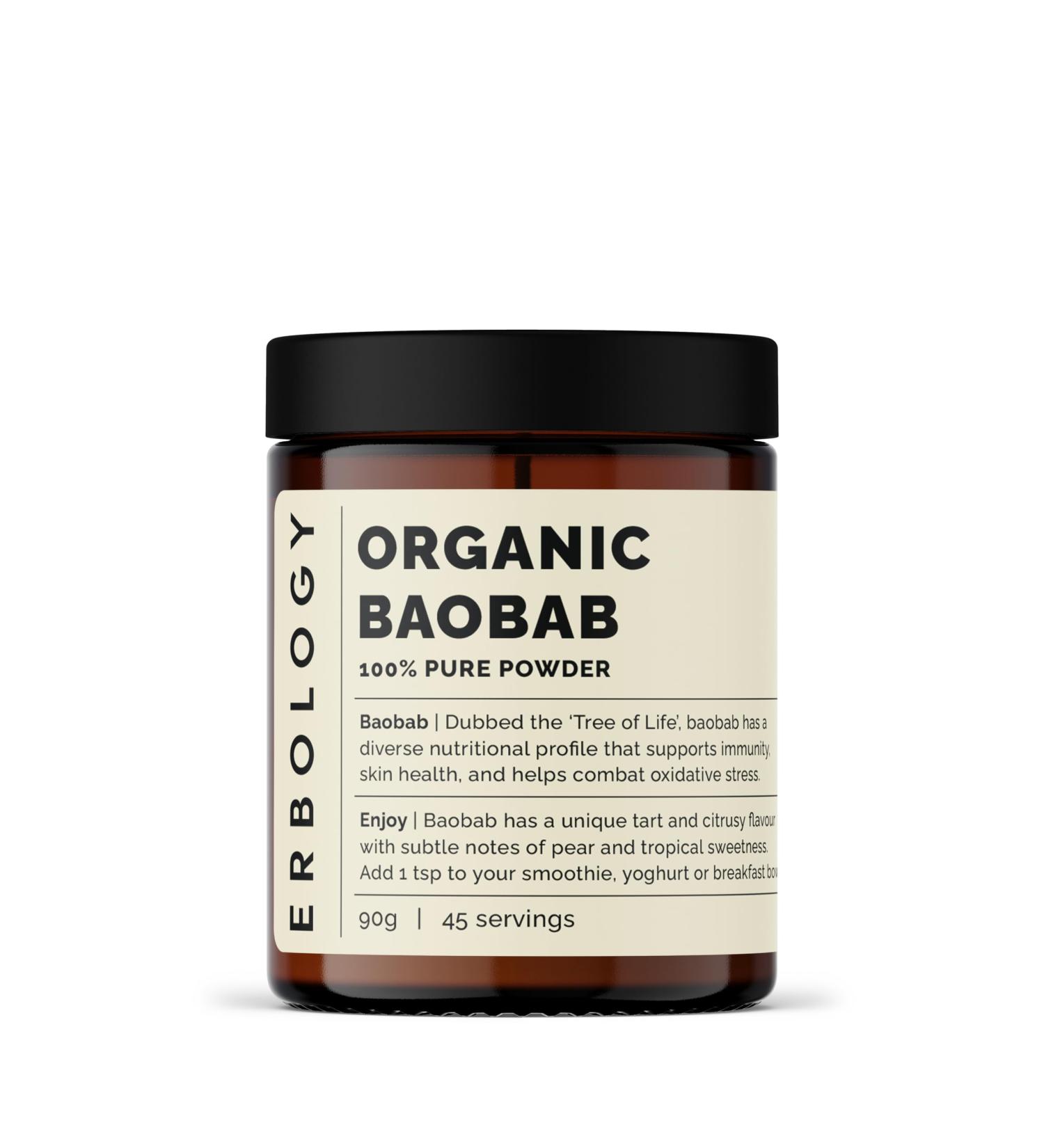 Erbology Organic Baobab Powder 90g - 45 Servings - Skin Health and Immunity Support - Rich in Vitamin C B Vitamins and Polyphenols - Sustainably Sourced Straight from Farm - Vegan - GMO-Free - Buy Online on SooperMarket.com