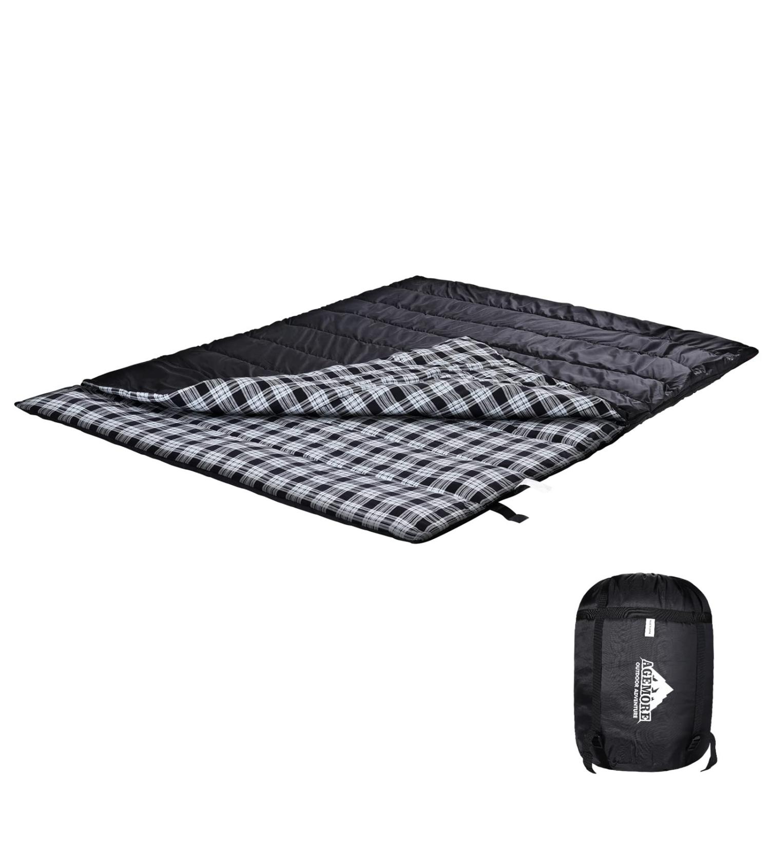 Cotton Flannel Double Sleeping Bag for Camping & Backpacking | Queen Size 2 Person Waterproof Sleeping Bag for Adults | Lightweight & Waterproof | Ideal for Truck, Tent, or Sleeping Pad | Black/White - Buy Online on SooperMarket.com