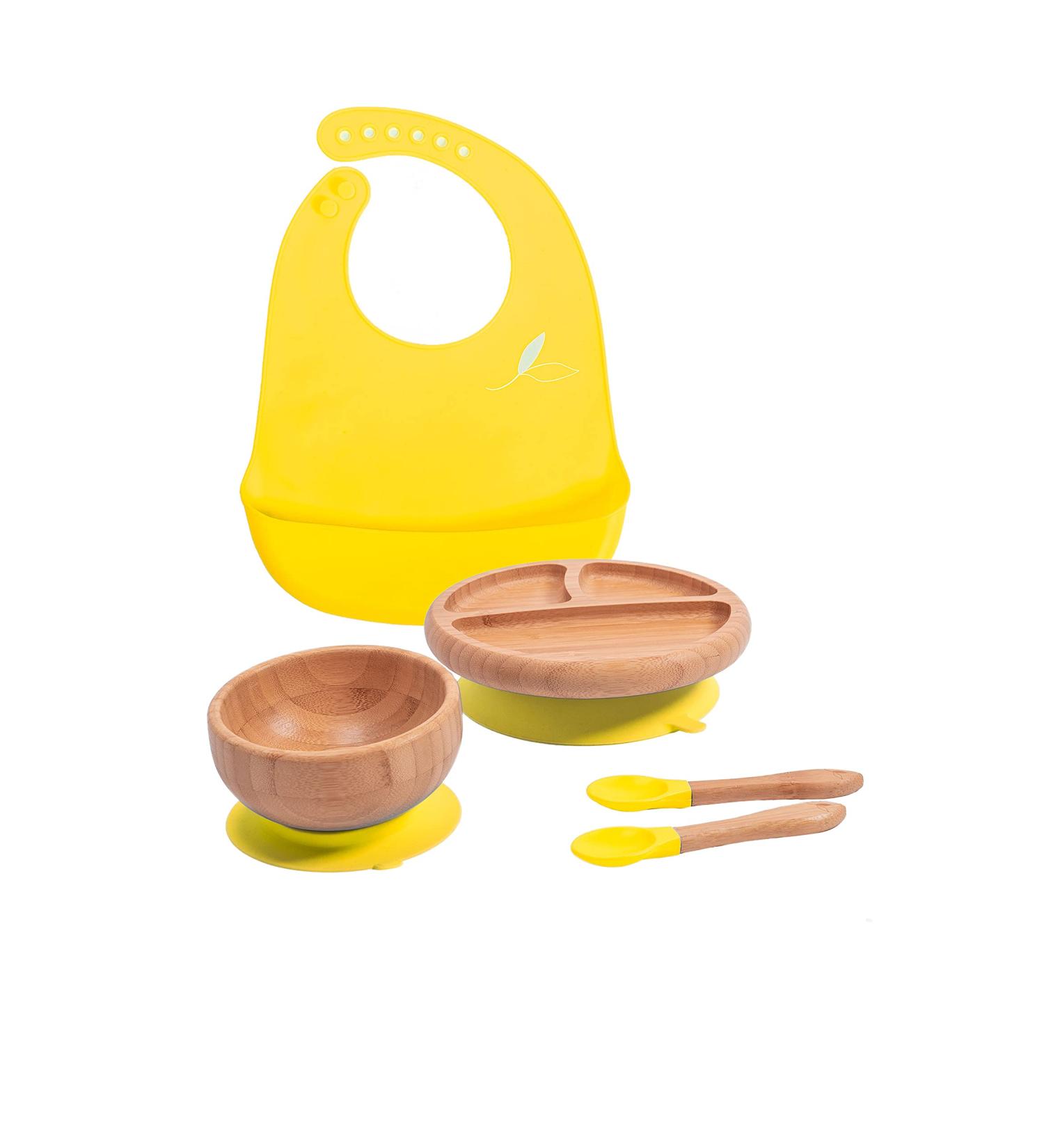 Love Earth Bamboo Baby Weaning Set - 5 Piece Eco-Friendly Set for Babies 3 Months to 6 Years - Includes Suction Plate, Bowl, Spoons, and Silicone Bib (Yellow) - Buy Online on SooperMarket.com