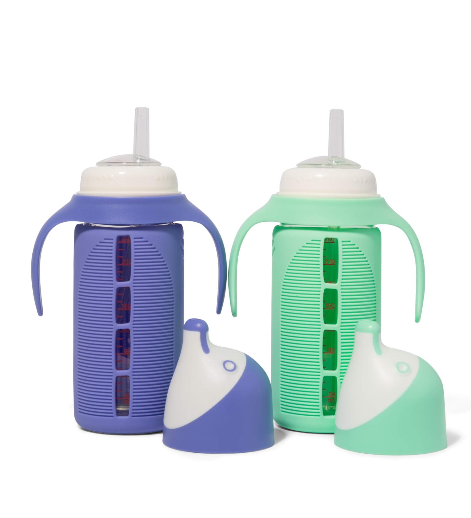 Set of 2 Glass Sippy Cups for Toddlers - The Luca | Mint Green & Indigo Purple | 8oz Spill-Proof Straw Cup | Silicone Straw | BPA-Free - Buy Online on SooperMarket.com
