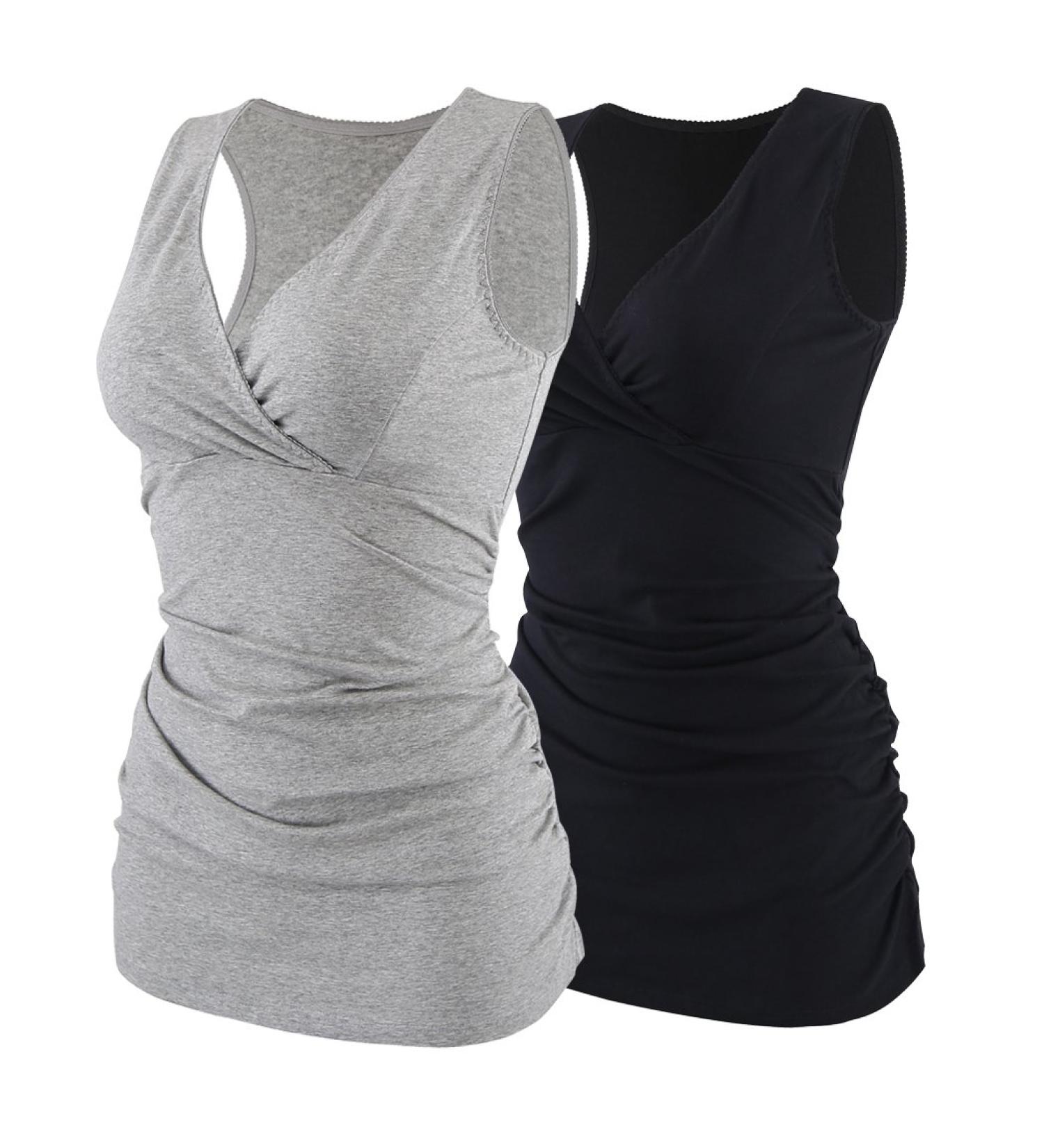 ZUMIY Maternity Nursing Top - Women's V Neck Ruched Waist Double Layered Tank - S Black+Grey/2-Pack - Buy Online on SooperMarket.com