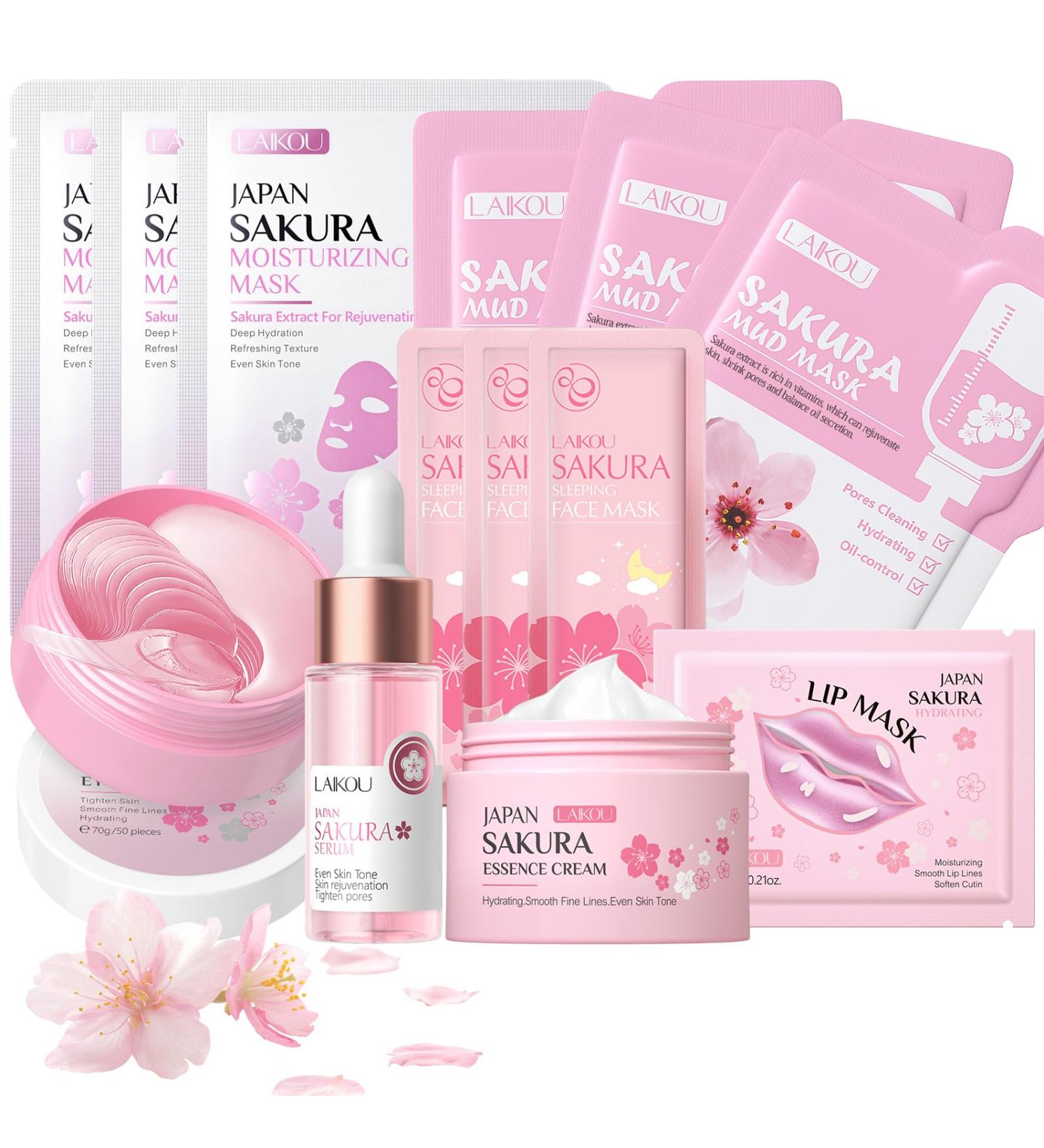 Japan Sakura Facial Skincare Set - 13PCS Hydrating Gift Set for Teenage Girls & Women | Serum Cream Eye & Lip Masks - Buy Online on SooperMarket.com