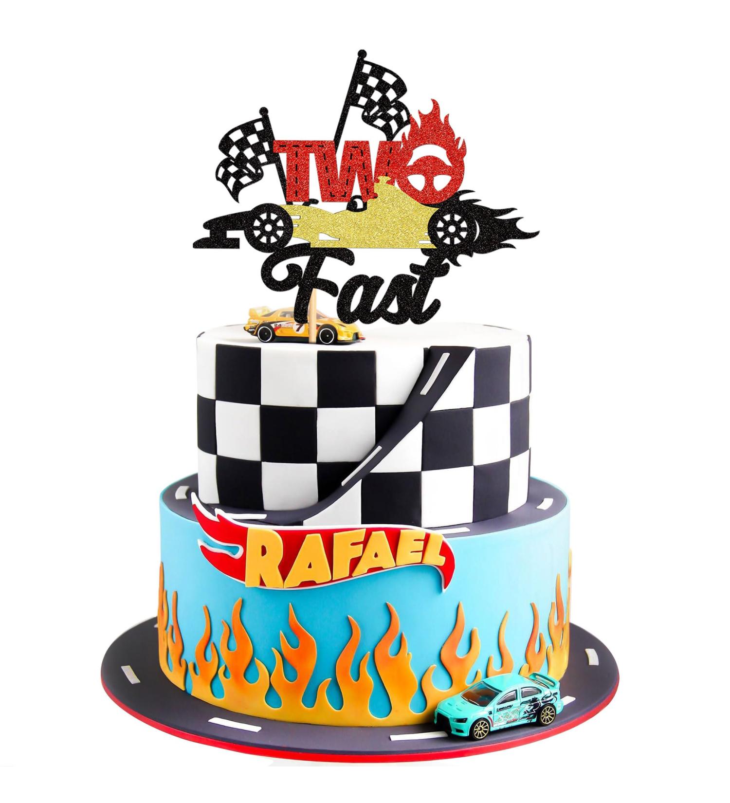 Cyodoos 1Pcs Two Fast Cake Topper Race Car Cake Decoration Racing Car Theme Race Car Theme 2nd Birthday Party Decoration Boy Girl Second Birthday Flag Sign Supplies - Buy Online on SooperMarket.com