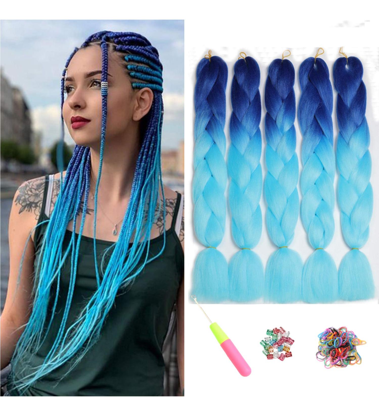 Showjarlly Jumbo Braid Hair Extensions - 24-Inch Ombre Kanekalon Crochet Twists (5 Pack) - Blue/Sky Blue - Perfect for Braids and Box Braids - Buy Online on SooperMarket.com