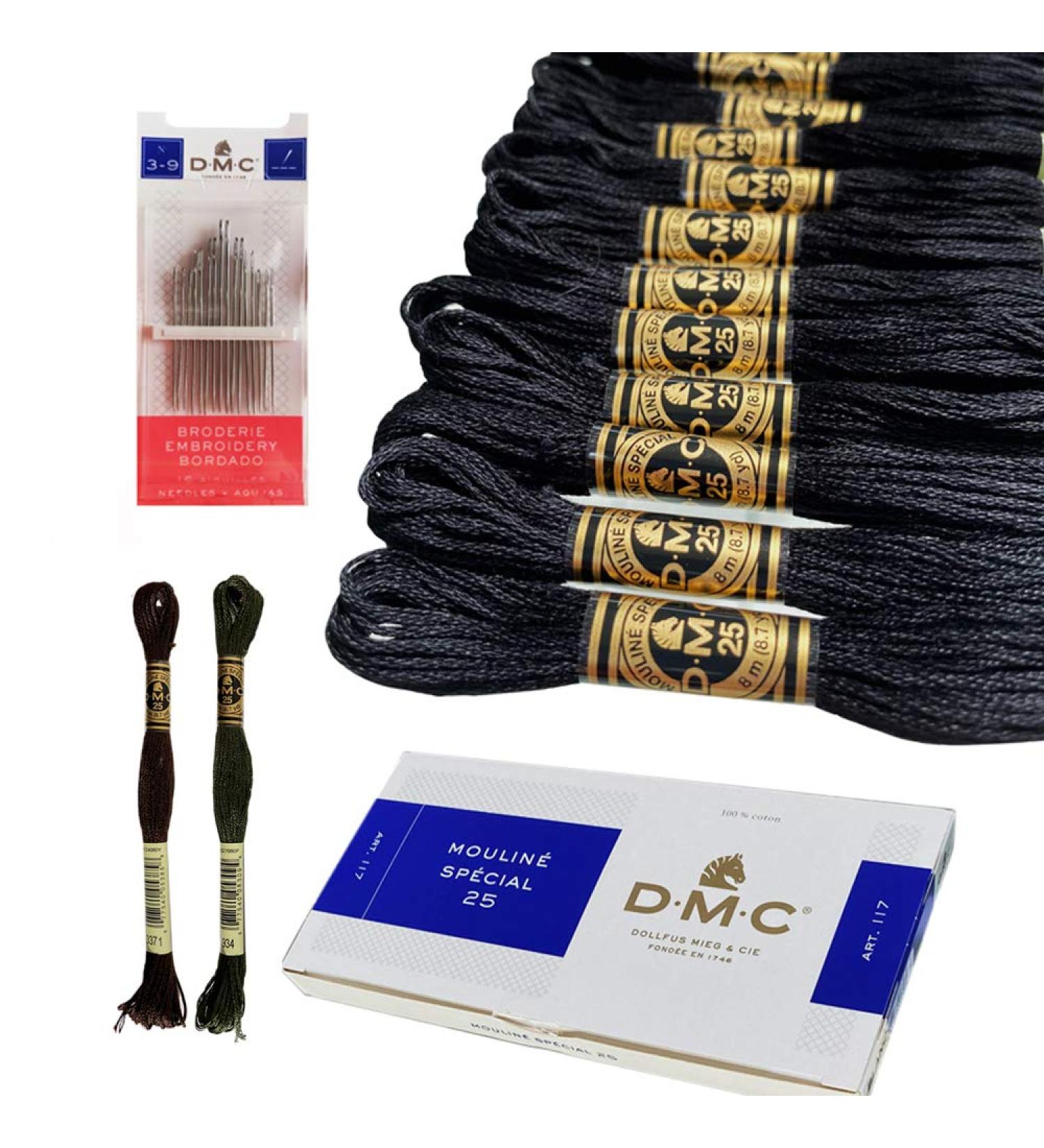 DMC Black Embroidery Floss 6 Strand Cotton Thread Bundle - 12/Pack with Bonus Skeins in Black Brown and Black Avocado, Includes DMC Cross Stitch Needles - Premium Black String/Yarn Set - Buy Online on SooperMarket.com