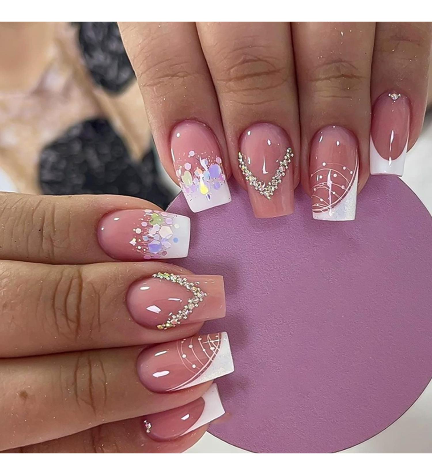Luxury Pink Square Press on Nails with Rhinestone Design - Short French Tip Acrylic Artificial Nails - Buy Online on SooperMarket.com