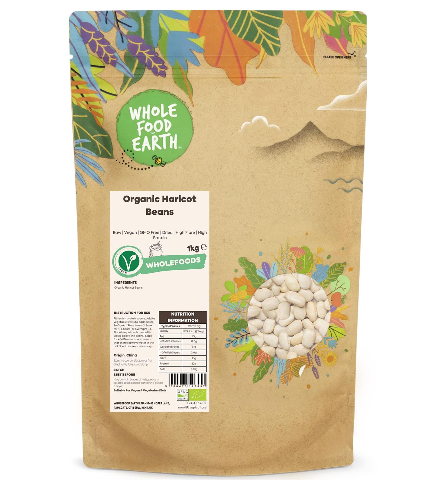 Wholefood Earth Organic Haricot Beans 1kg - Raw, Vegan, GMO Free | High Fibre & Protein | Certified Organic - Buy Online on SooperMarket.com