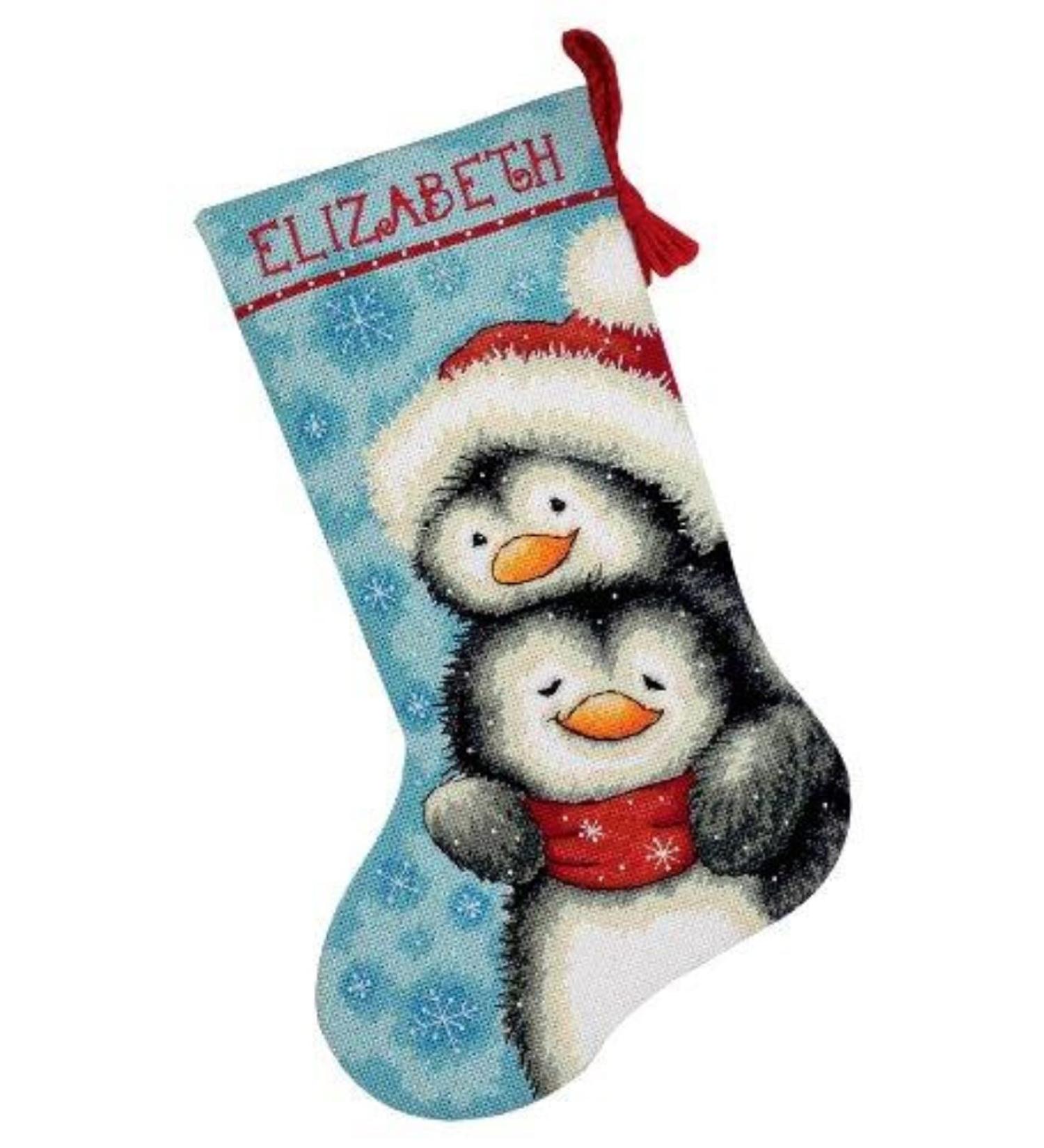 Dimensions Needlepoint Hugging Penguins Personalized Christmas Stocking Kit, Printed 12 Mesh Canvas, 16''