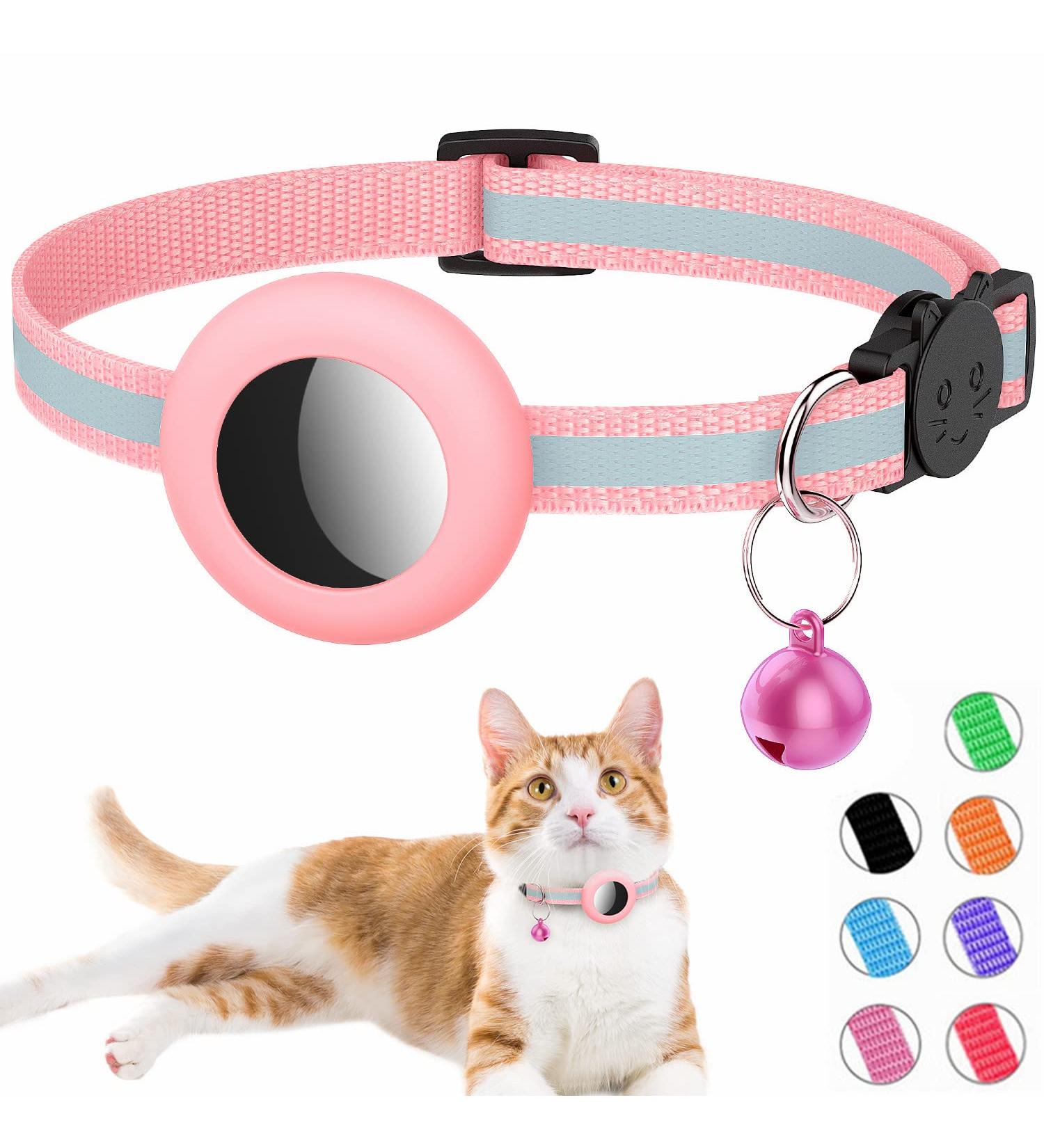 Reflective AirTag Cat Collar with Bell | Waterproof & Breakaway Safety Buckle | Pink - Buy Online on SooperMarket.com