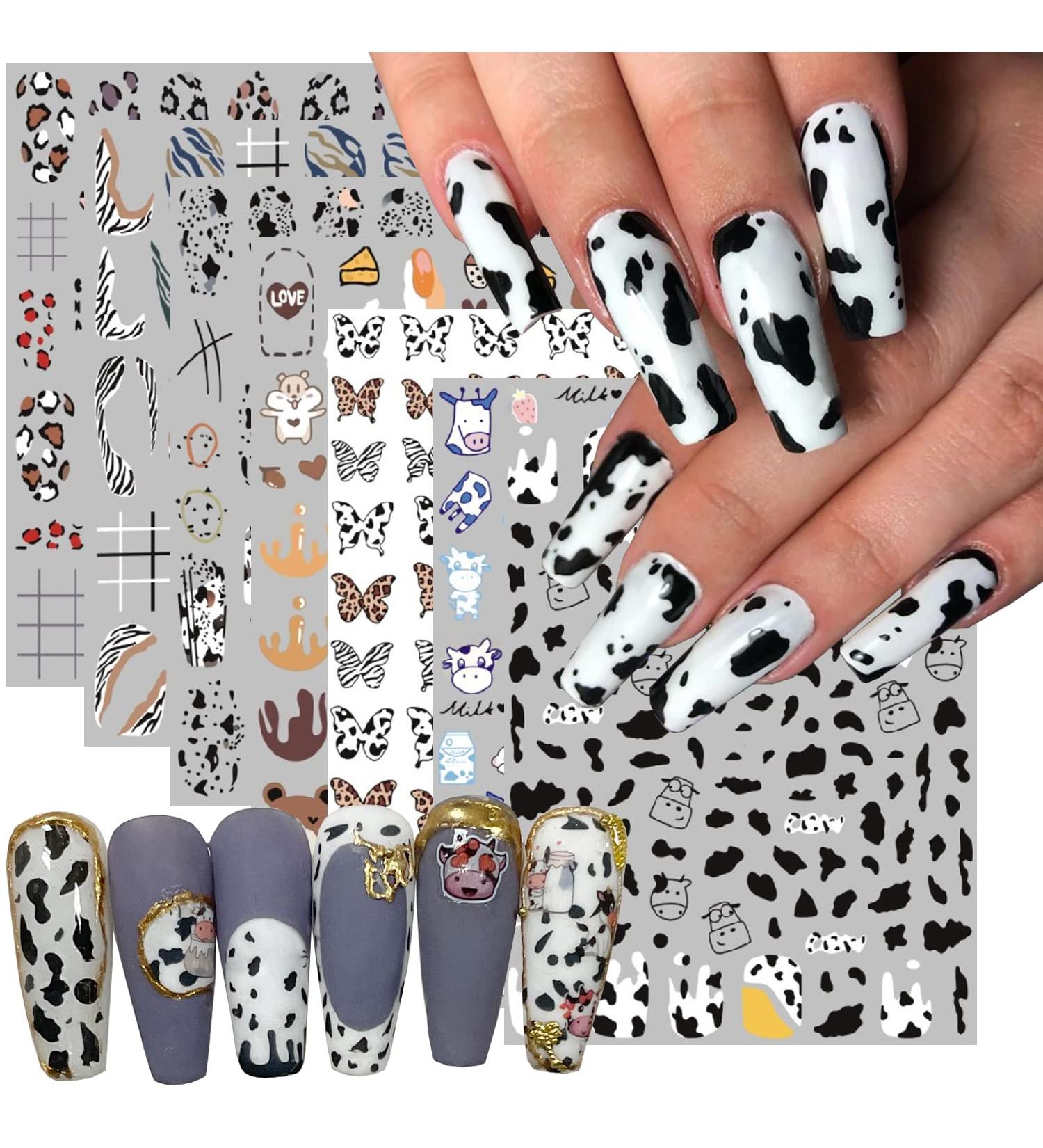 Cartoon Nail Art Stickers - 7 Sheets 3D Self-Adhesive Decals for Women and Girls - Holographic Cow, Butterfly, Leopard Print Designs - Nail Art Supplies - Buy Online on SooperMarket.com