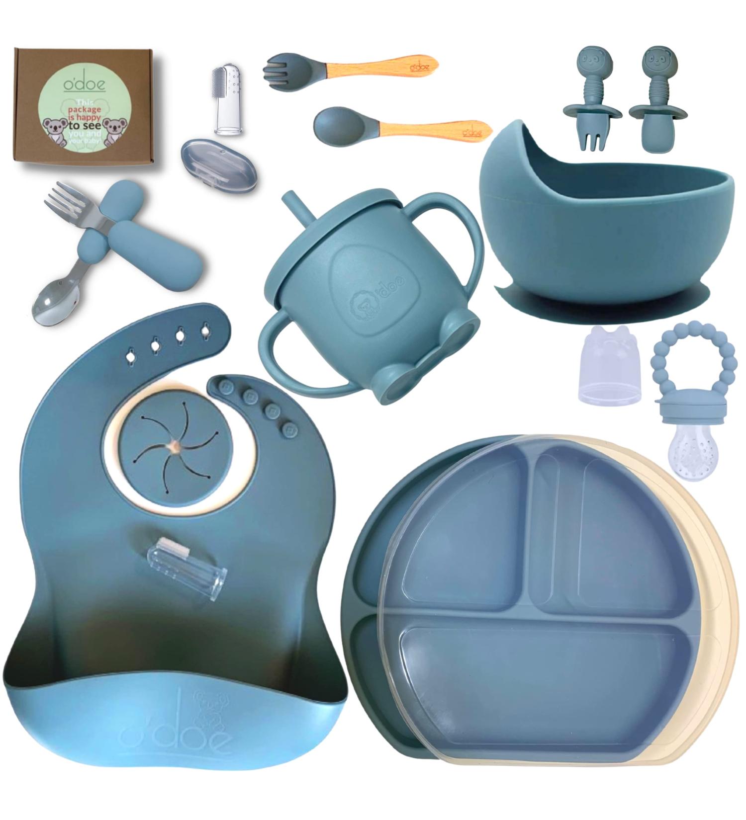 O'doe Baby Led Weaning Feeding Supplies Set (17 Pcs) | Suction Silicone Bowl, Spoons, Bibs, Sippy Cup, Plate Kit - Blue V2 - Buy Online on SooperMarket.com