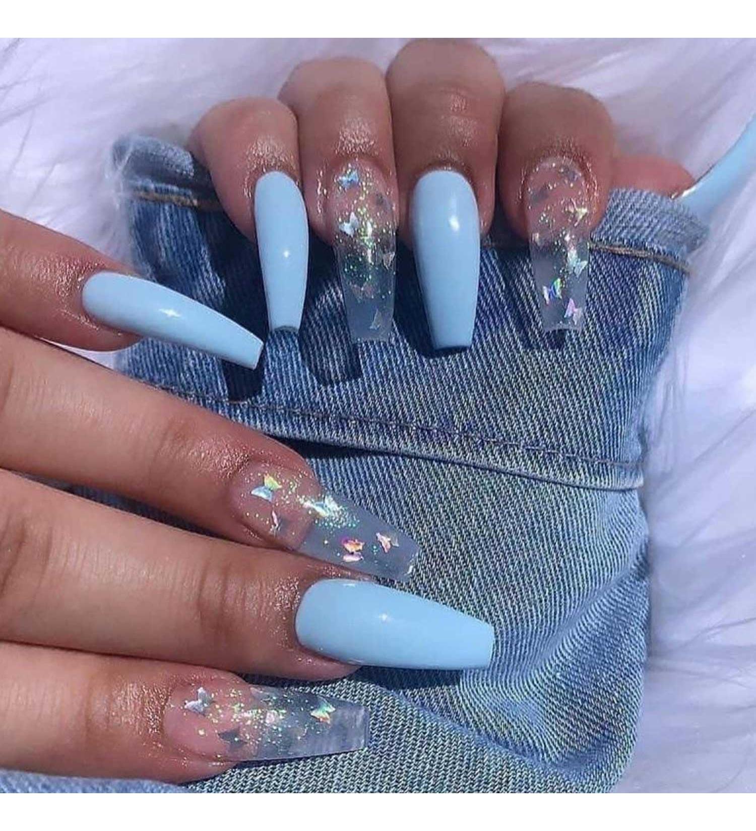 Handcess Long Glossy Blue Coffin Ballerina Press-On Nails 24PC Butterfly Acrylic Art for Women & Girls - Buy Online on SooperMarket.com