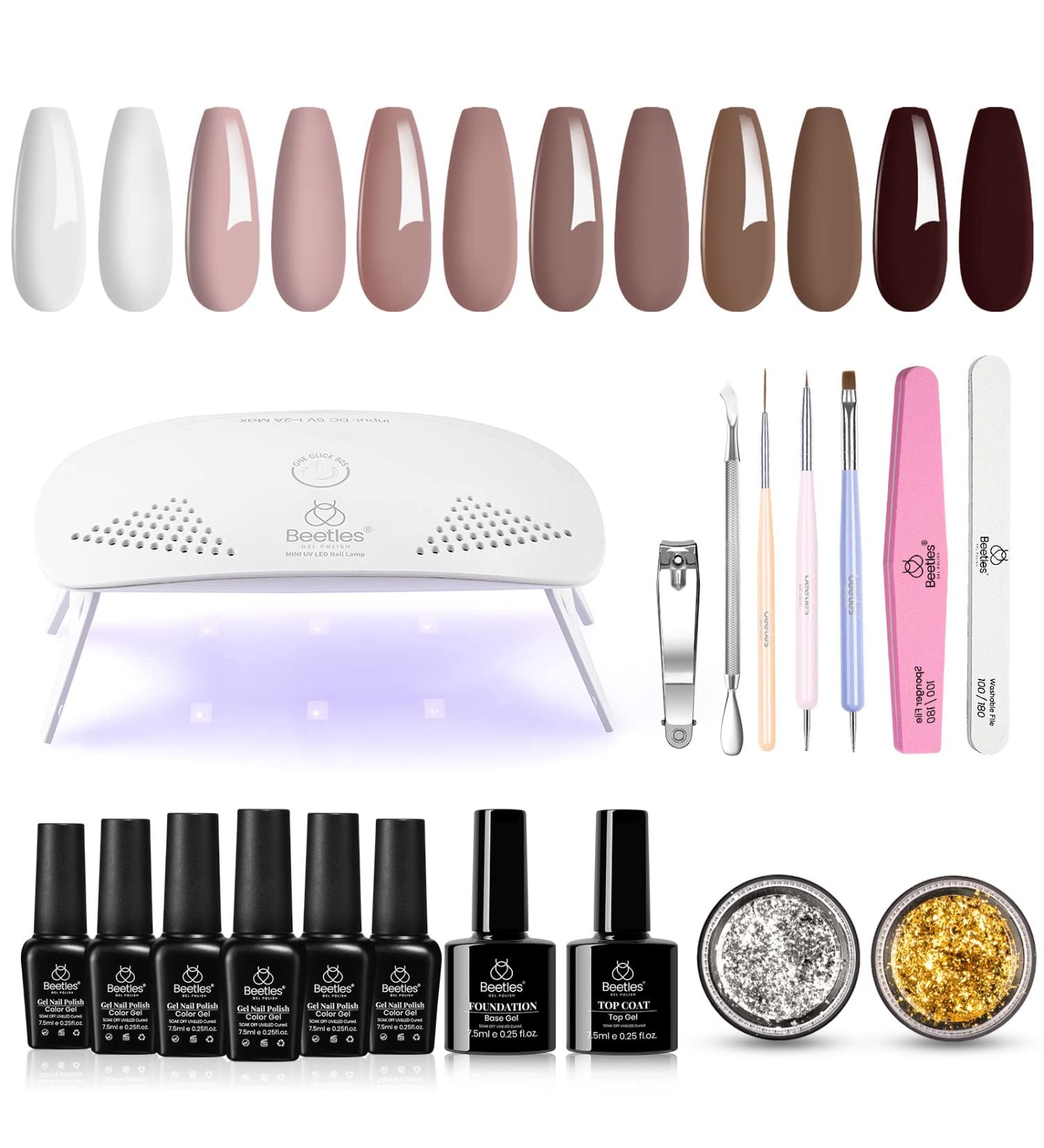Beetles Gel Nail Polish Kit - Coffee Cafe Collection | Brown Neutral Beige Mauve Color | Soak Off UV LED Lamp | Base Top Coat | DIY Manicure Set for Women - Buy Online on SooperMarket.com