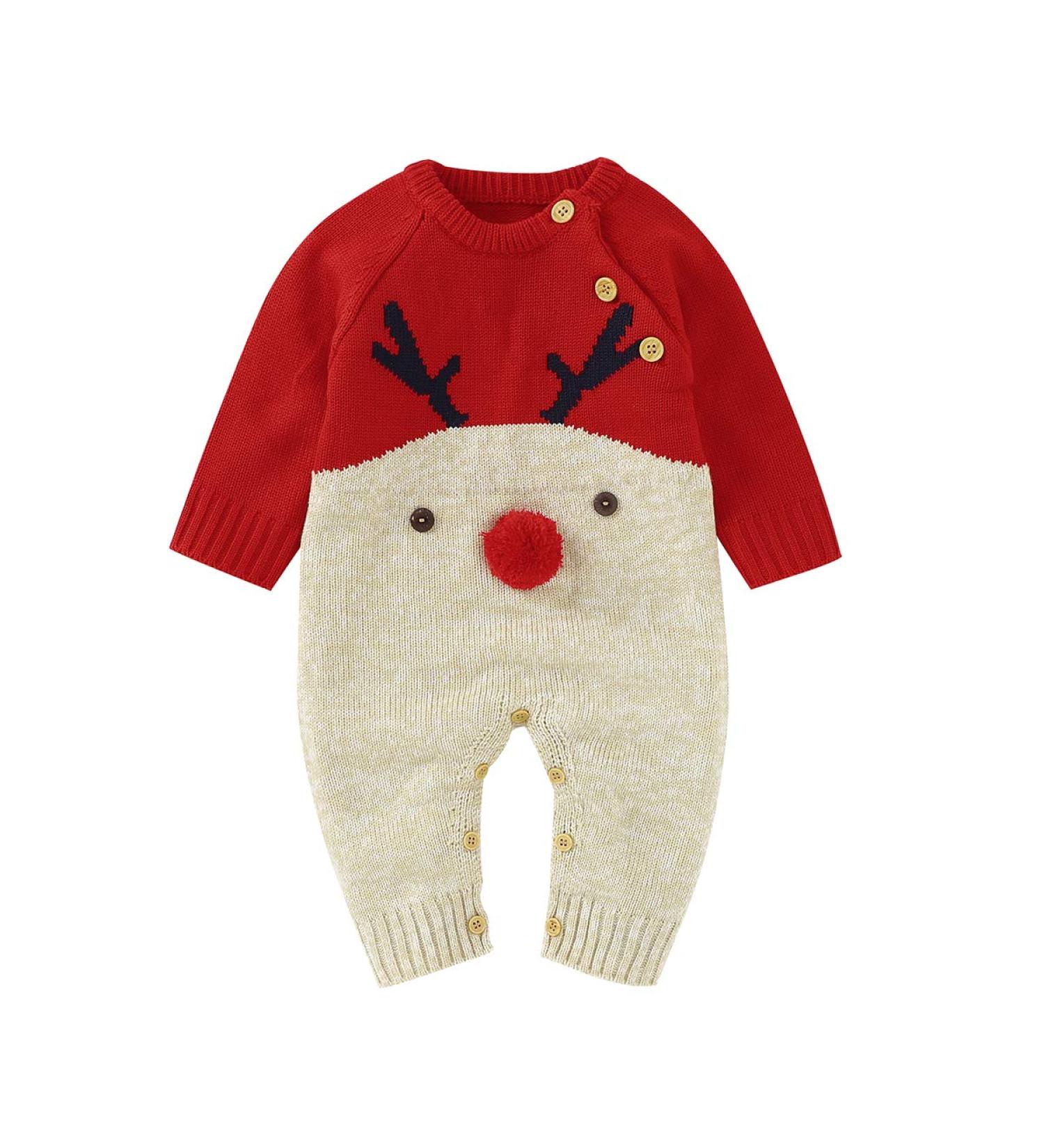 Christmas Reindeer Baby Romper | Winter Knit Long Sleeve Outfit - Newborn 3-6 Months - Buy Online on SooperMarket.com