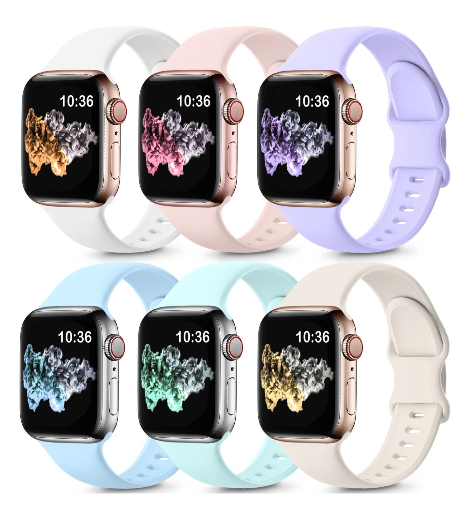 ZALAVER 6 Pack Silicone Bands for Apple Watch 38mm/40mm/41mm - Ultra Series Compatible with iWatch 8 7 6 5 4 3 2 1 SE - Men Women Sport Strap in White/PinkSand/Green/Blue/Lavender/Starlight - Buy Online on SooperMarket.com