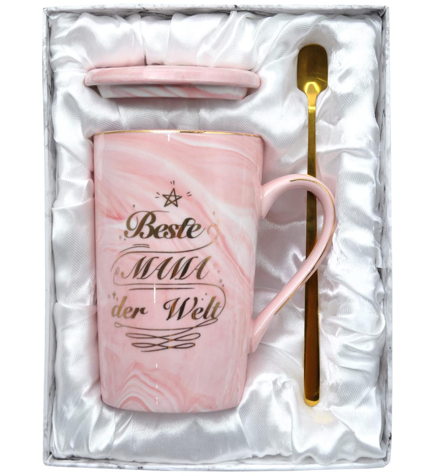 Bokalaka Mother's Day Gift - 400ml Pink Ceramic Coffee Cup with Lid & Spoon | Perfect Mom Gifts & Birthday Present | Best Mom in the World - Buy Online on SooperMarket.com