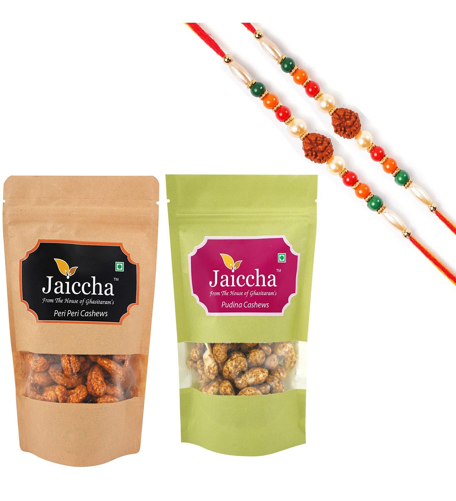 Jaiccha Ghasitaram Rakhi Gifts for Brothers Rakhi Dryfruits - Pack of 2 Peri Peri Pudina Cashews Pouches Small 200 GMS with 2 Rudraksh rakhis - Buy Online on SooperMarket.com