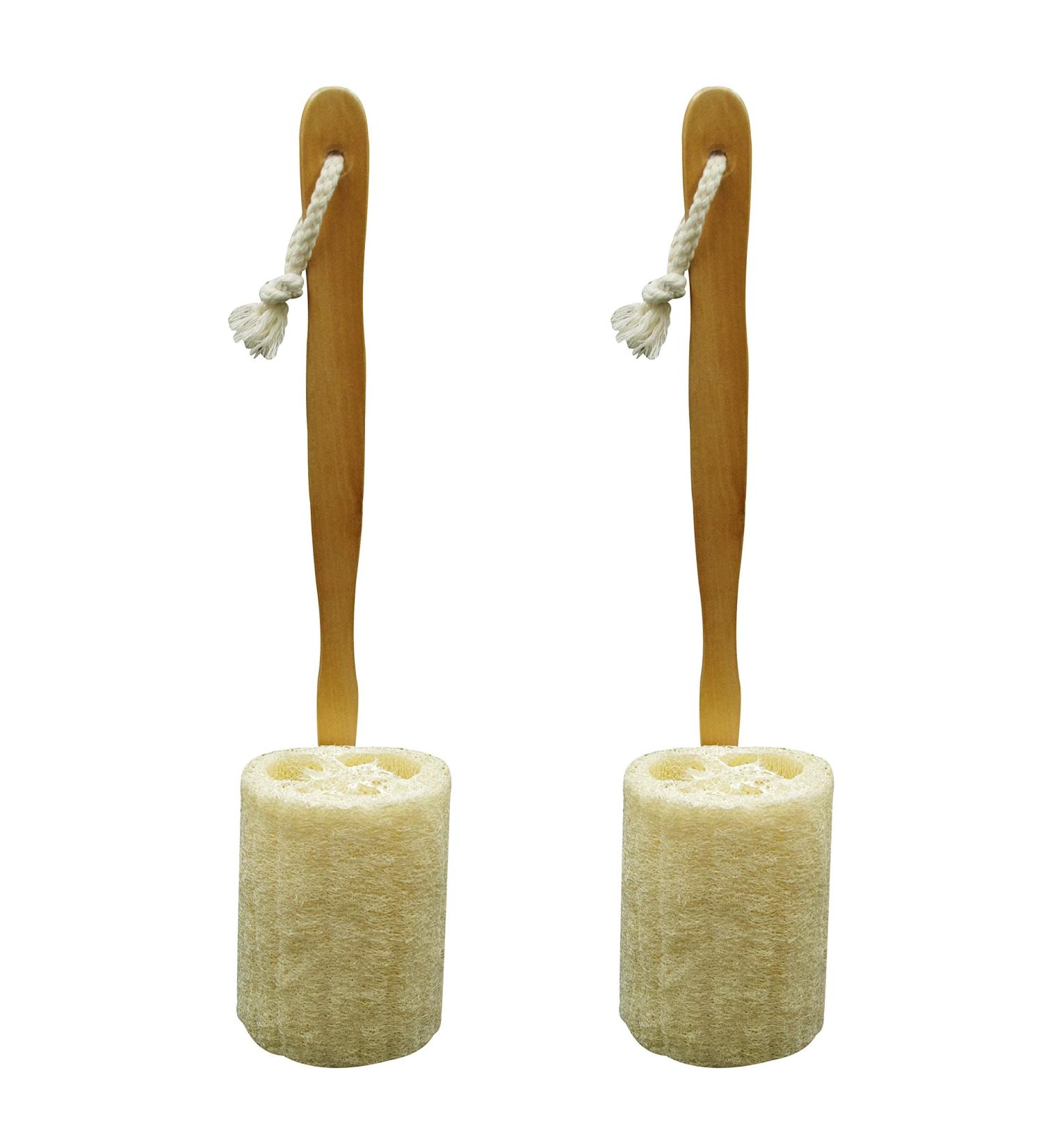 Pack of 2 Natural Exfoliating Loofah Back Scrubber Brushes with Long Wooden Handle for Body Shower and Bath Spa - Buy Online on SooperMarket.com