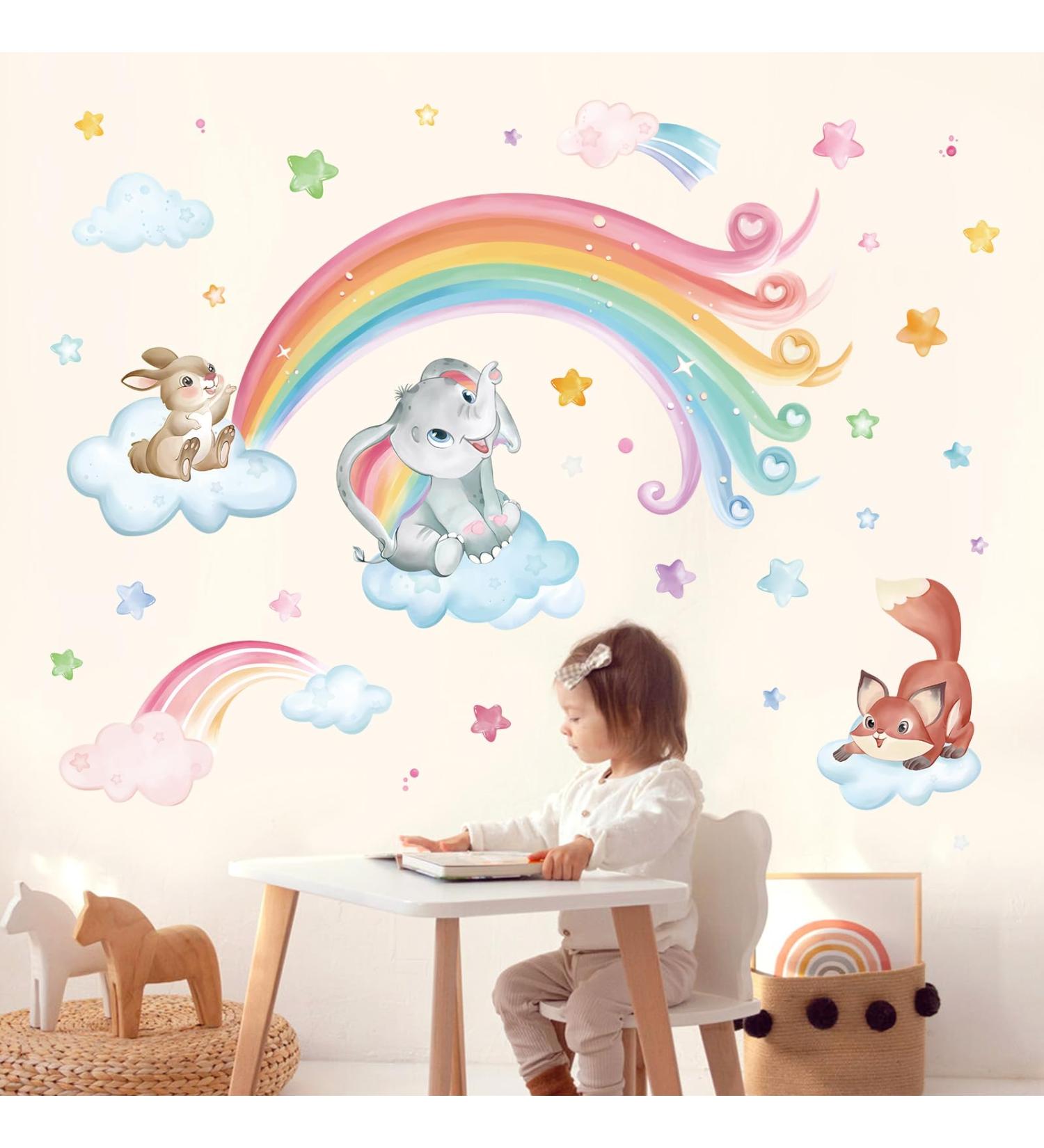 Wondever Rainbow Animals Wall Stickers - Elephant Rabbit Fox Clouds Decals for Nursery & Kids Bedroom - Buy Online on SooperMarket.com