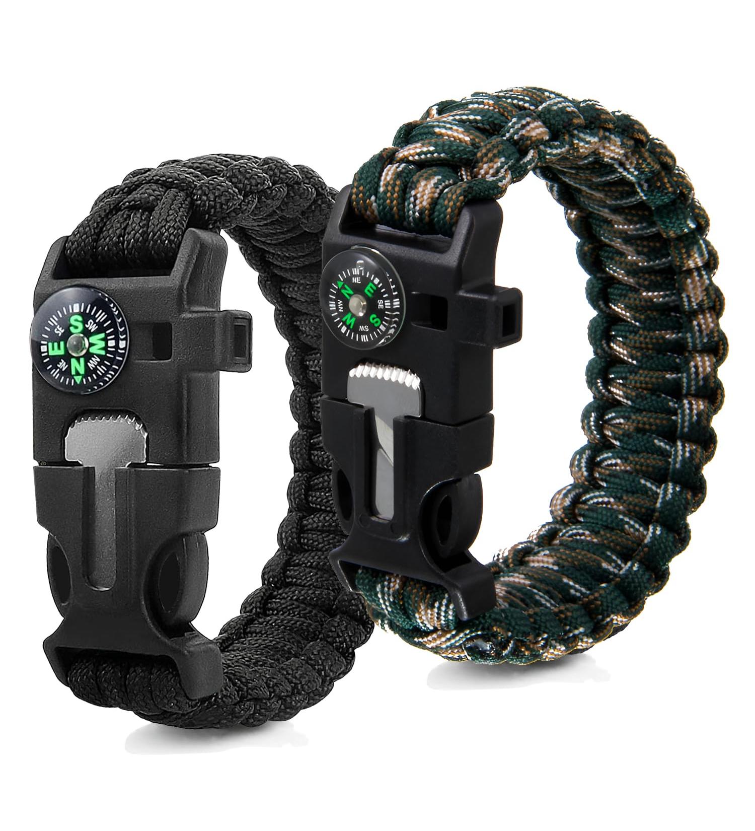 Zsmjaer Survival Bracelet Set - 2-Piece Multifunction Paracord with Flint Pipe and Compass for Outdoor Adventures Black-Green - Buy Online on SooperMarket.com