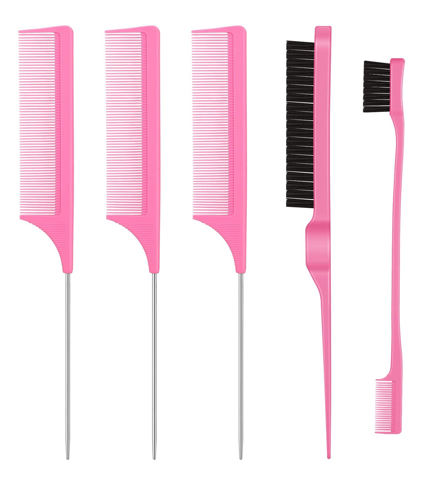 5-Piece Rat Tail Comb Set for Hair Styling - Pink | Stainless Steel Teasing Brush for Men and Women - Ideal for Salon and Home Use - Buy Online on SooperMarket.com