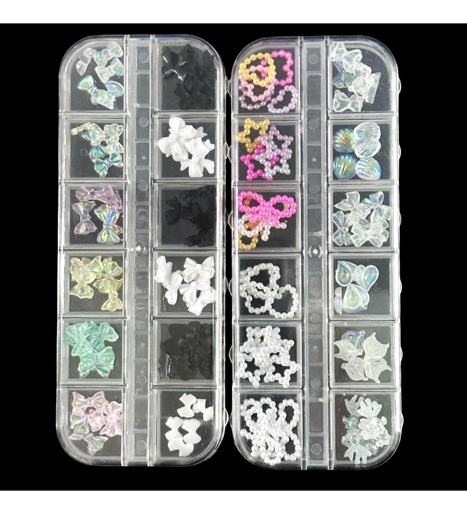 3D Nail Charms 2 Boxes Multi-Shape Black White Aurora Bows Heart Nail Art Charms Nail Pearls Bowknot Stars Shell Nail Rhinestones Gems for Nail Art Decoration DIY Crafts (E) - Buy Online on SooperMarket.com
