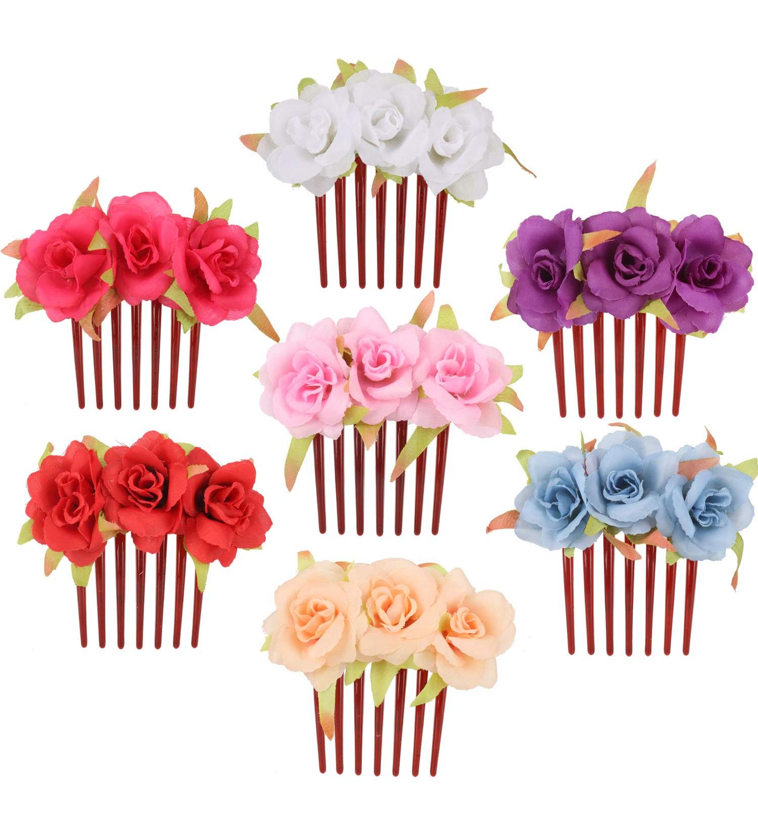 7 Pack Fake Rose Flower Hair Combs Hairpins for Women - Bridal Wedding Beach Party Hair Accessories - Buy Online on SooperMarket.com