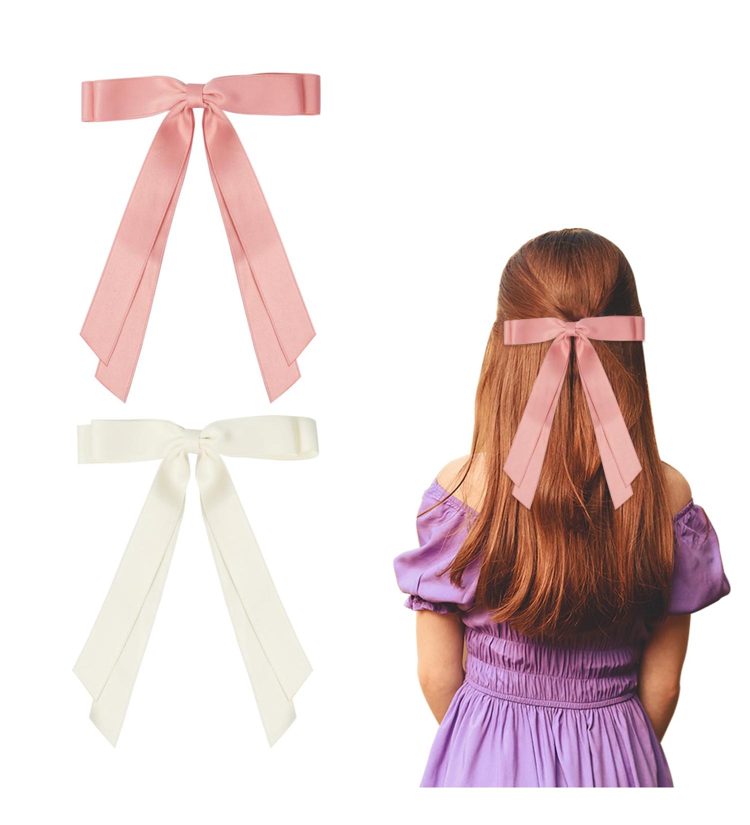 2 Pack Hair Bows for Women Beige Bow Hair Clips French Barrette with Long Silky Satin Hair Ribbons for Women Girls(Beige Pink) - Buy Online on SooperMarket.com