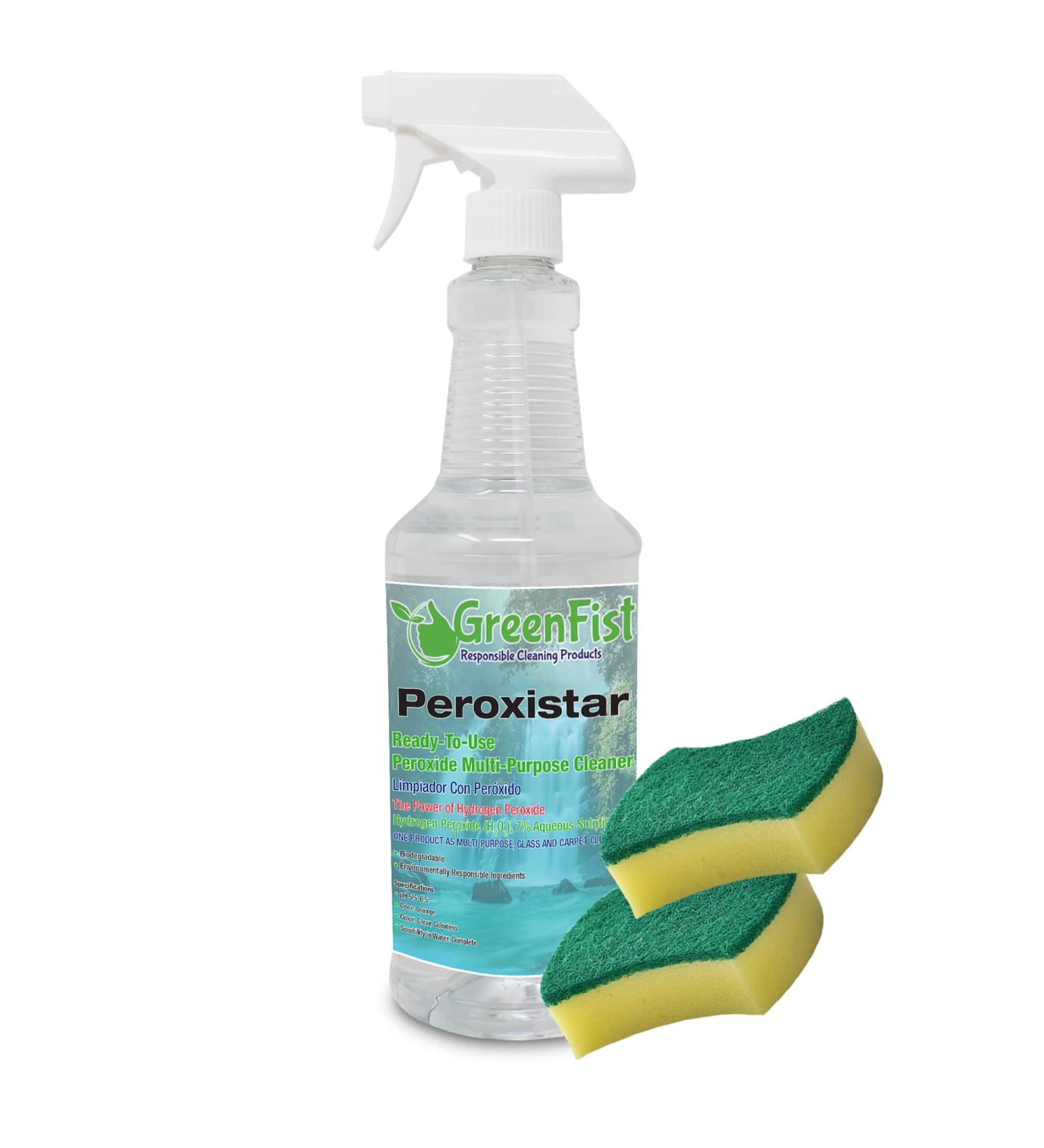 GreenFist PeroxiStar Hydrogen Peroxide All Purpose (Glass Carpet Stain Remover) Cleaner (1 Quart 32 oz with 2 Sponges)