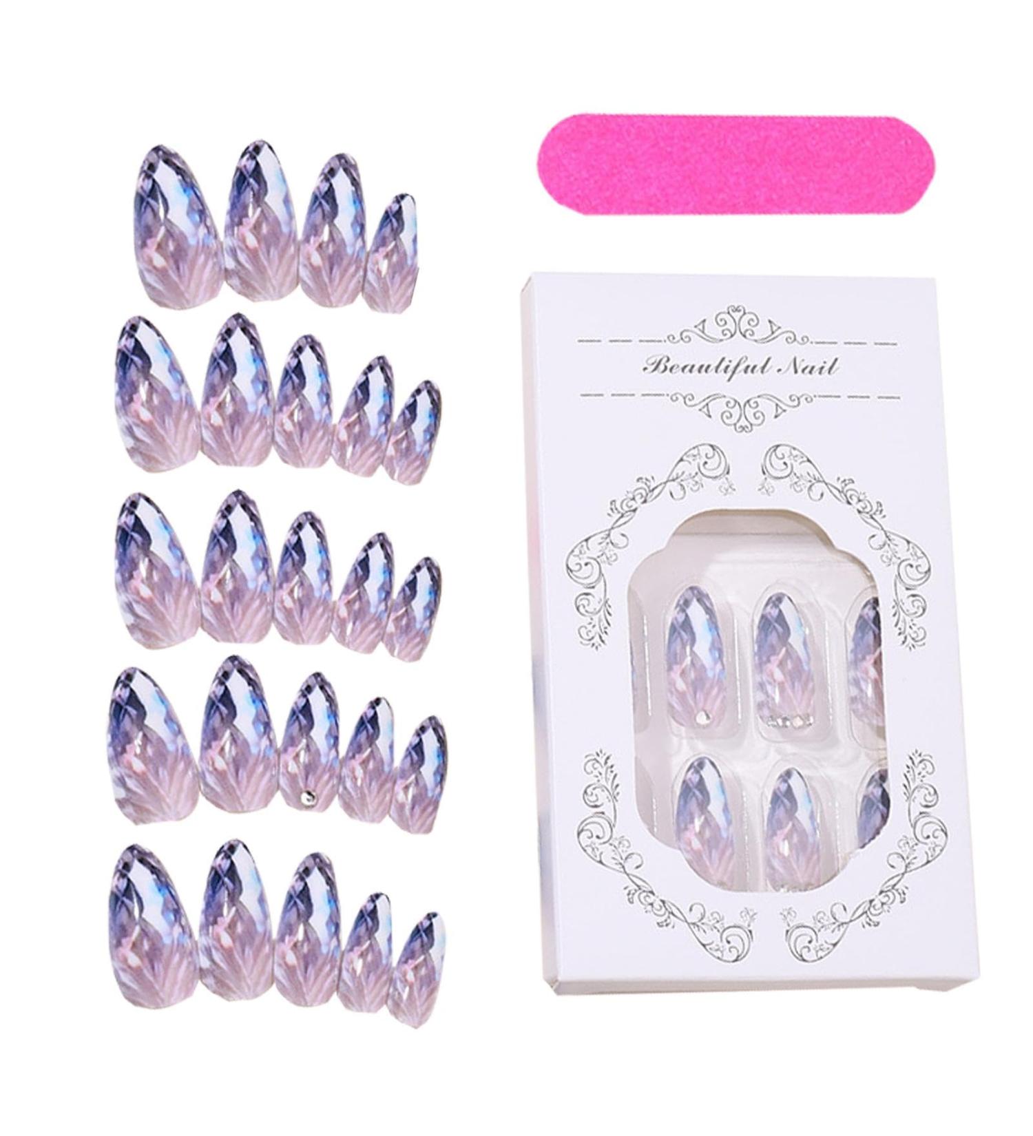 French Tip Press on Nails Almond Shape Stick on False Nails | Rhombus Crystal Fake Nail Kit in 12 Sizes Glue Included for Women Girls Nail Art Lovers - Buy Online on SooperMarket.com