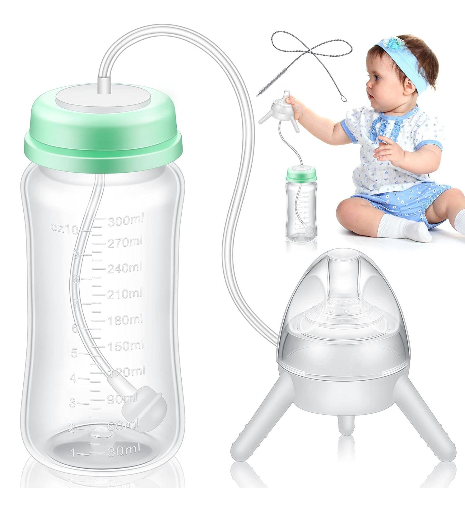 Nuanchu 10 oz Self Feeding Baby Bottle w/ Long Tube Straw | Leak-Proof Baby Feeder Bottle for Imitation Milk Weaning | Mint Green - Buy Online on SooperMarket.com
