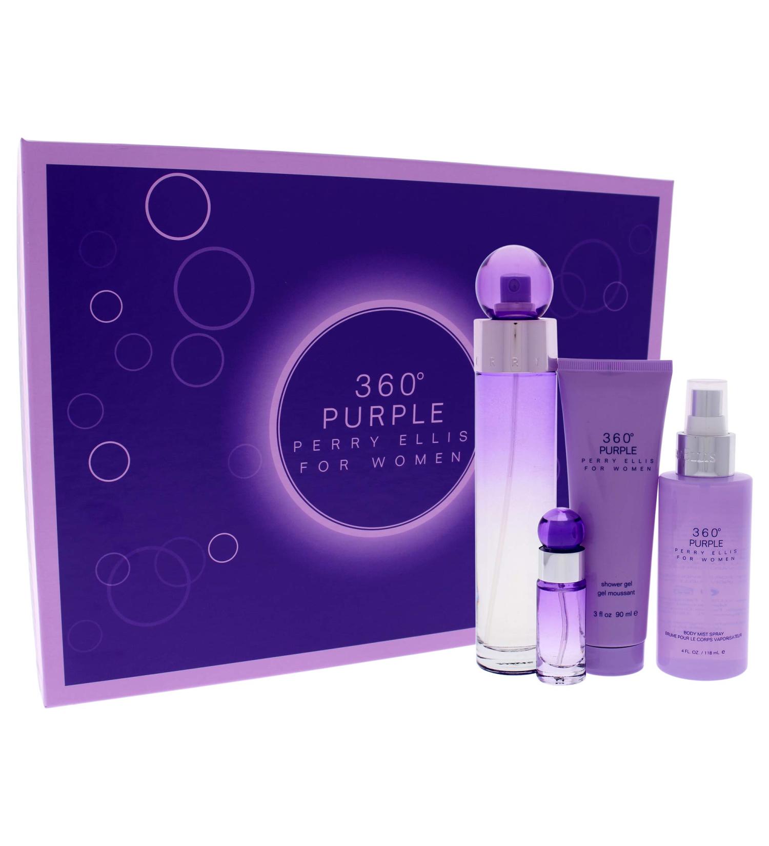 Perry Ellis 360 Purple Women 3.4oz EDP Spray 7.5ml EDP Mini Spray 4oz Body Mist 3oz Shower Gel 4 Pc Gift Set - Buy Online on SooperMarket.com