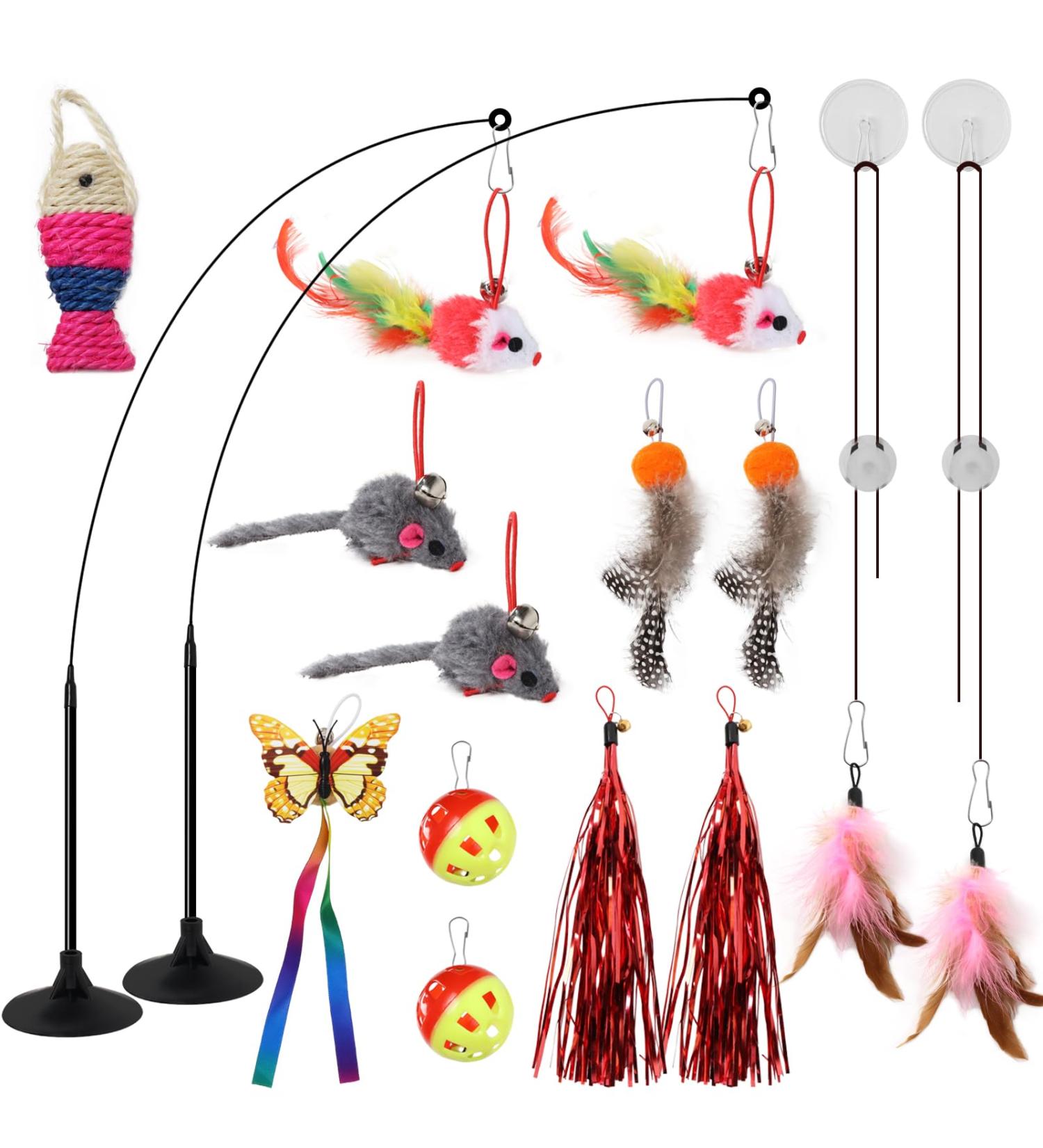 QUOZUO 2 Packs interactive cat toys with Super Suction Cup 14 pcs Replacements Feathers Balls Mice 2 Packs Wand Hanging Door flying cat toys for indoor cats Cat Spring Toy Kitten Toys - Buy Online on SooperMarket.com