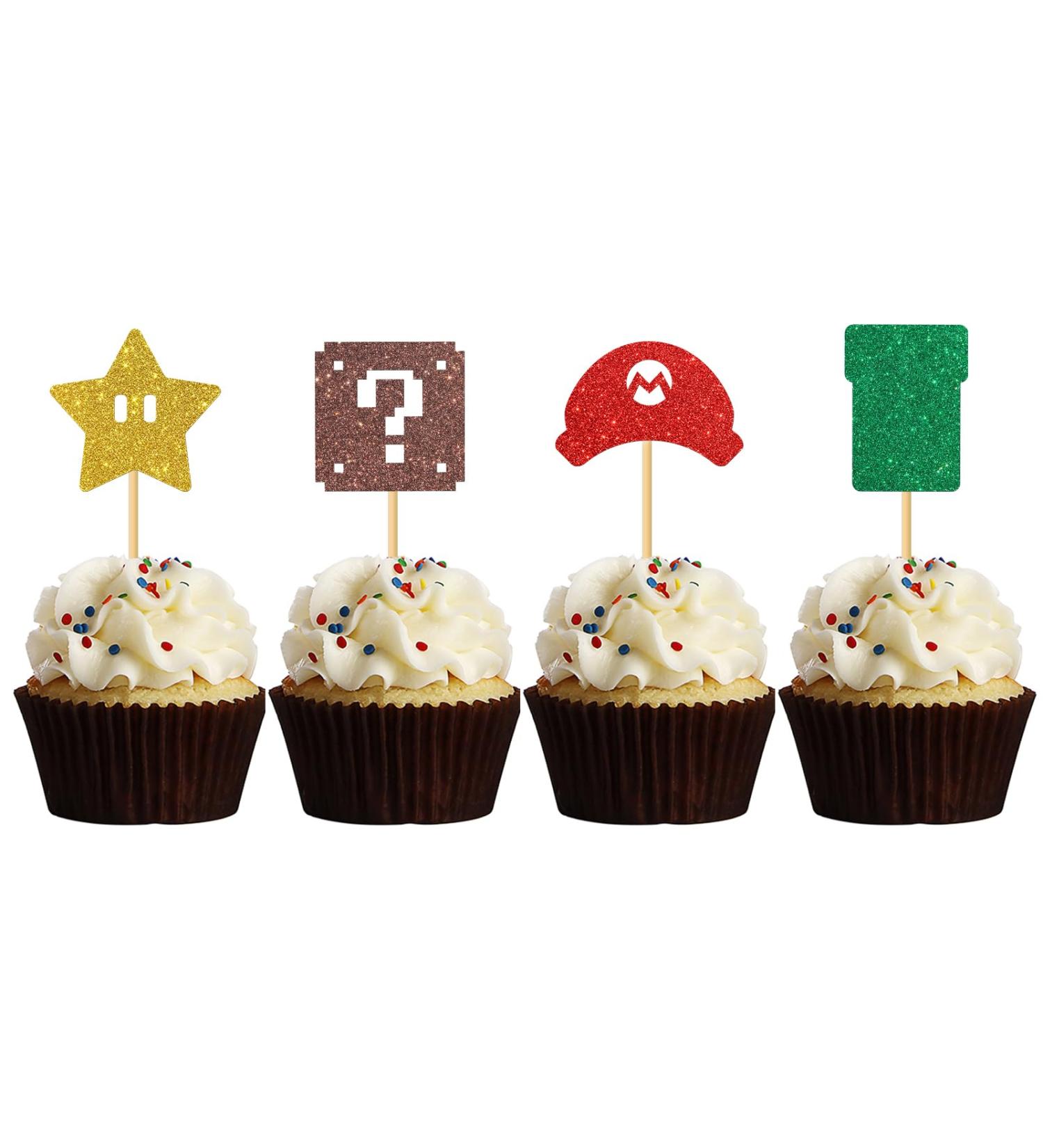 MonMon & Craft Mario Cupcake Toppers - Girls Boys Children Birthday Cupcake Toppers - Video Game Dessert Decor - Baby Shower Birthday Party Decorations Glitter - 24 Pcs - Buy Online on SooperMarket.com