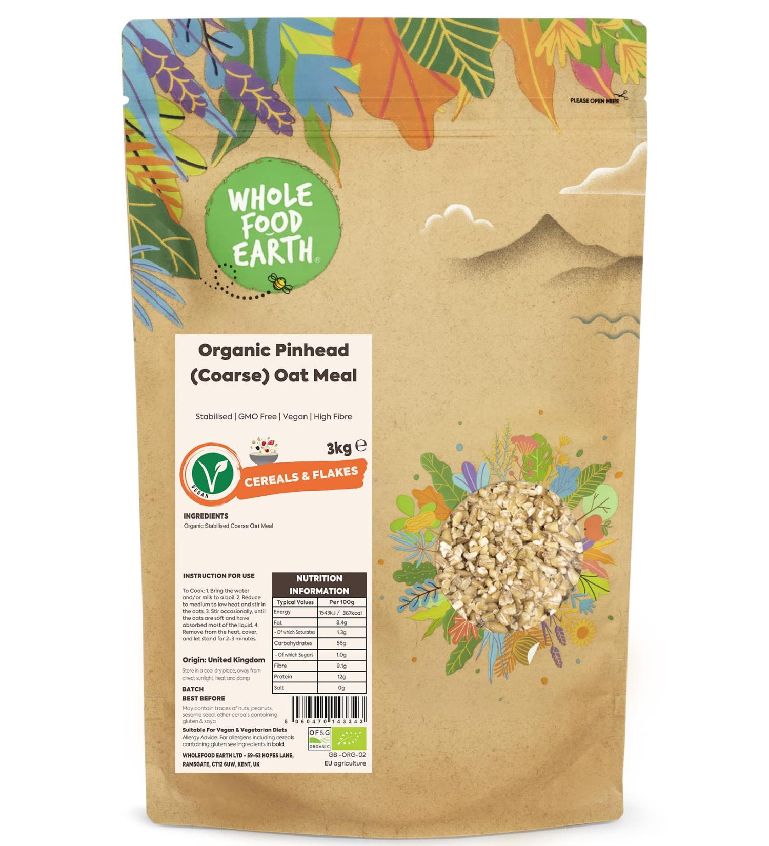 Wholefood Earth Organic Pinhead Oat Meal 3kg | Stabilised | GMO Free | Vegan | High Fibre - Buy Online on SooperMarket.com