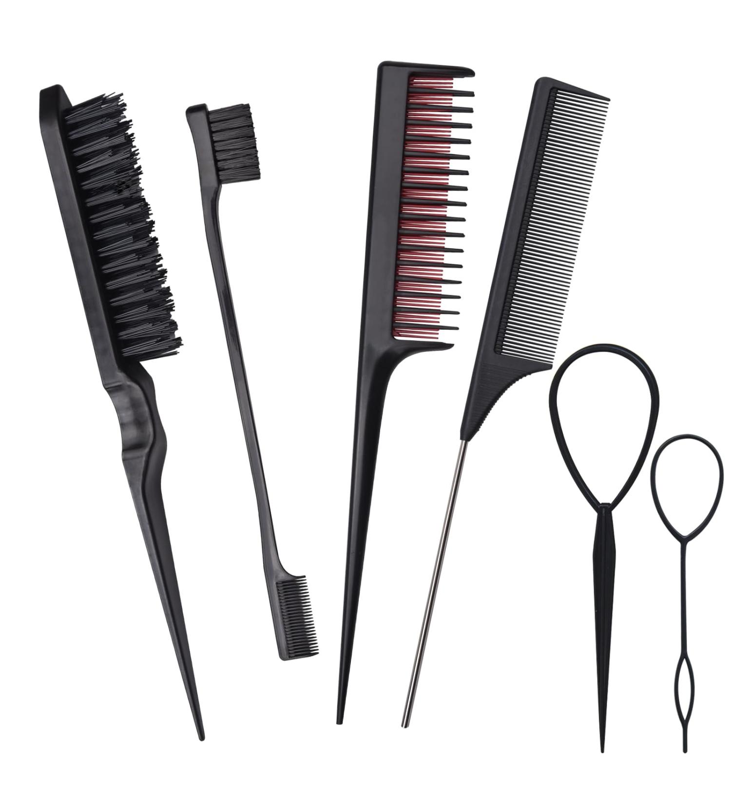 6 Pcs Hair Styling Comb Kit Teasing Comb Brush Set Includes Fluffy Hair Brush Bristle Parting Sleek Double Sided Edge Control Brush Triple Teasing Comb Fine Metal Rat Tail Comb for Man Women Professional Barber (Black) - Buy Online on SooperMarket.com