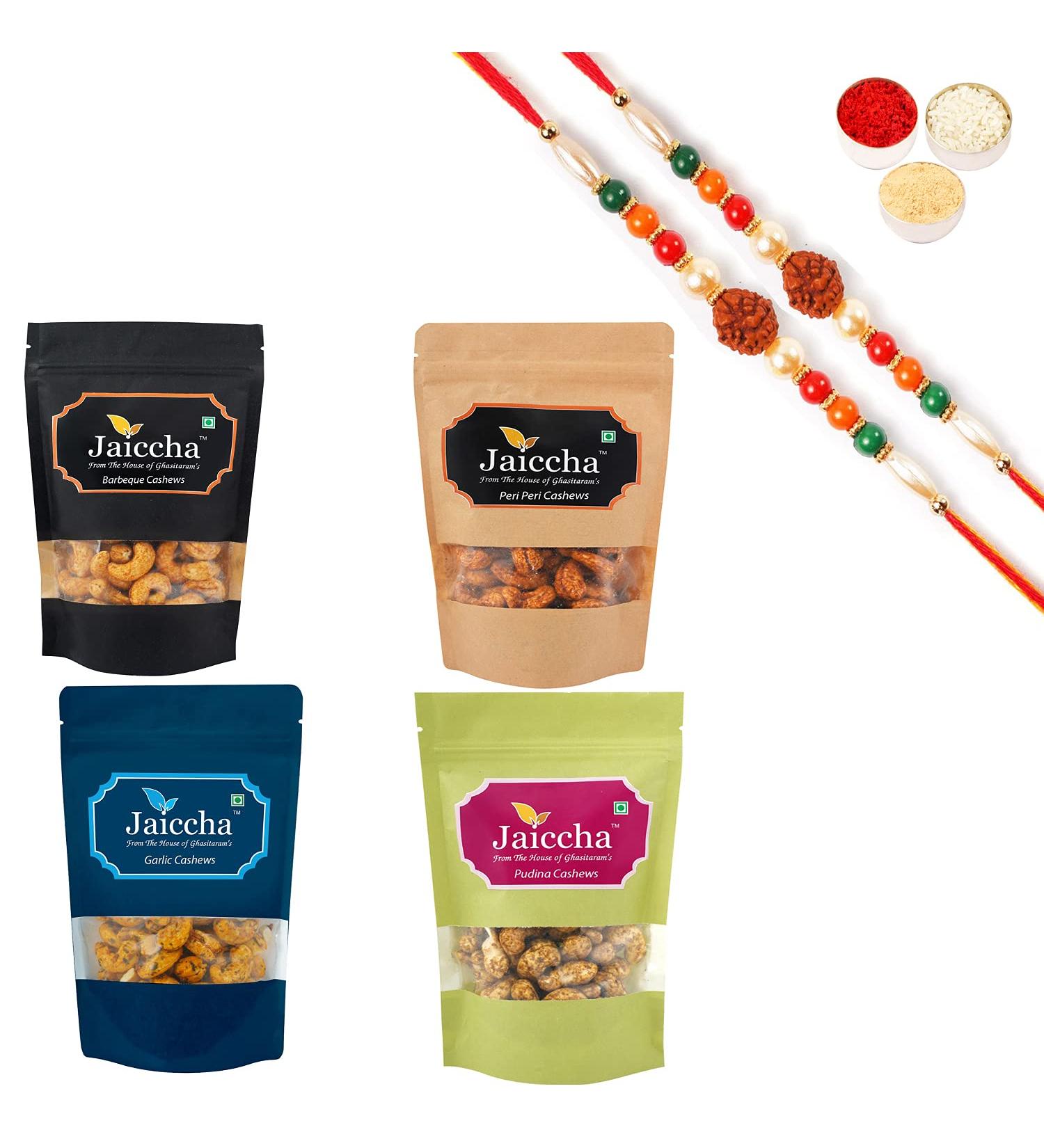 Jaiccha Ghasitaram Rakhi Gifts for Brothers Rakhi Dryfruits - Pack of 4 Garlic Peri Peri Pudina Barbeque Cashews Pouches Small 400 GMS with 2 Rudraksh rakhis - Buy Online on SooperMarket.com