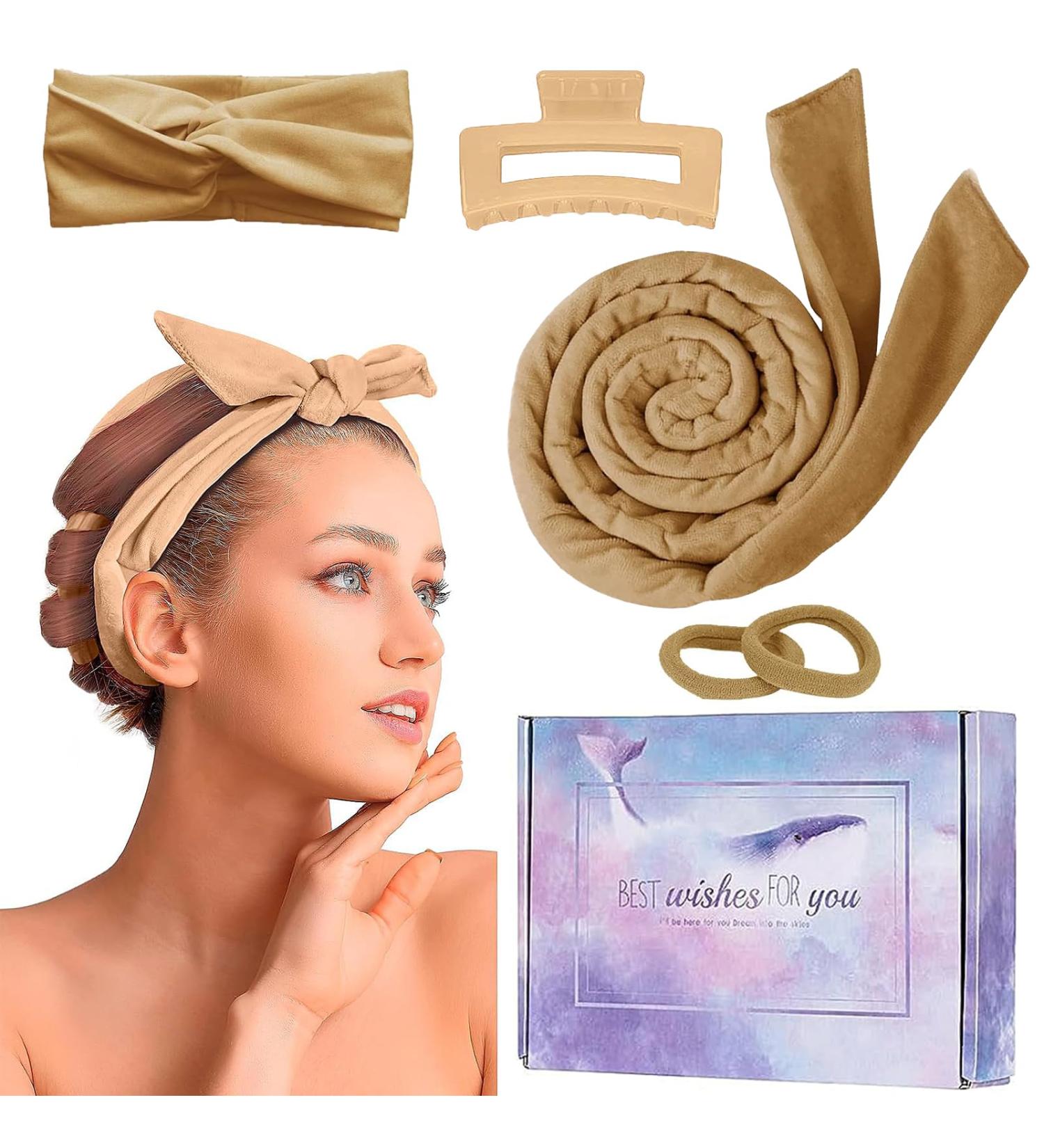 Heatless Curlers Headband Heatless Hair Curler For Sleeping Overnight 63" Extra Long No Heat Wave Hair Curlers With Clip Styling Tools For Women Girls Long Medium Hair (Khaki)