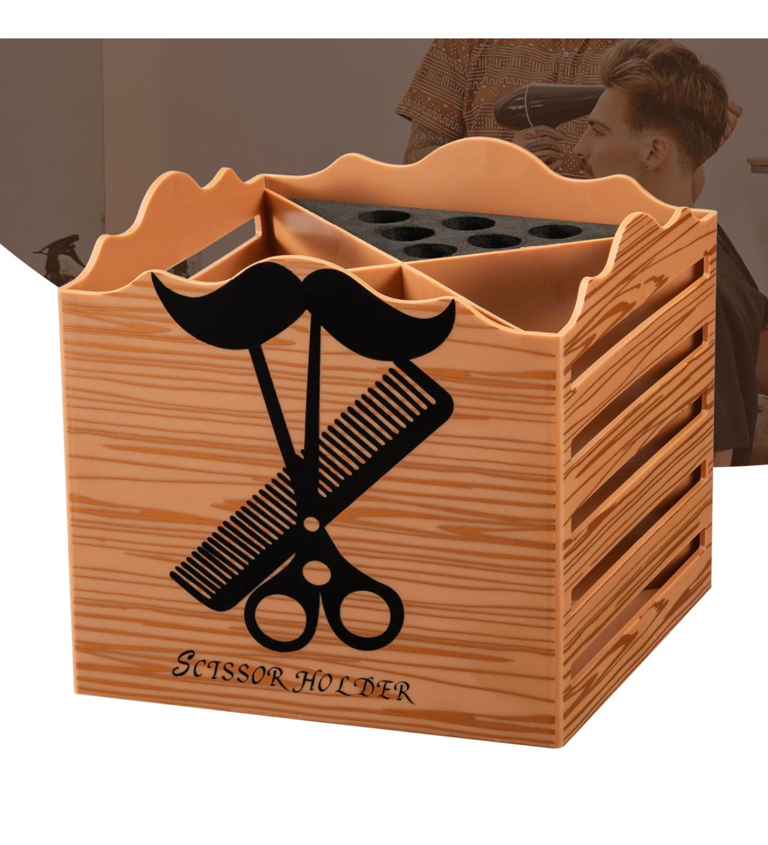 Professional Salon Scissor Shear Holder Box - Brown Wooden Desktop Storage for Hairdressers & Groomers | 4-Grille Sponge Holder with Comber Clips Stand - Buy Online on SooperMarket.com