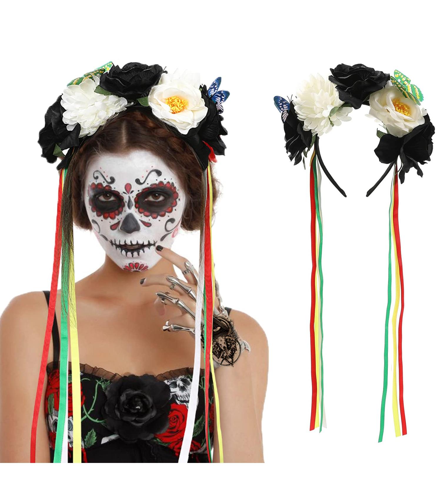 WELROG Halloween Floral Headband Rose Flower Headpiece Day of the Dead Headband Halloween Fancy Dress Costume Accessory (Black-White) - Buy Online on SooperMarket.com