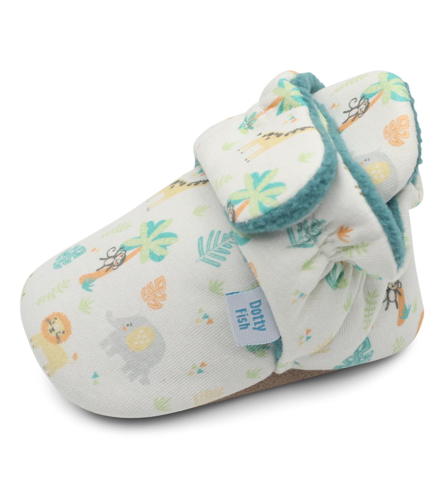 Dotty Fish Cotton Baby Booties with Suede Sole - Teal Fleece Safari Animals, 0-6 Months - Buy Online on SooperMarket.com