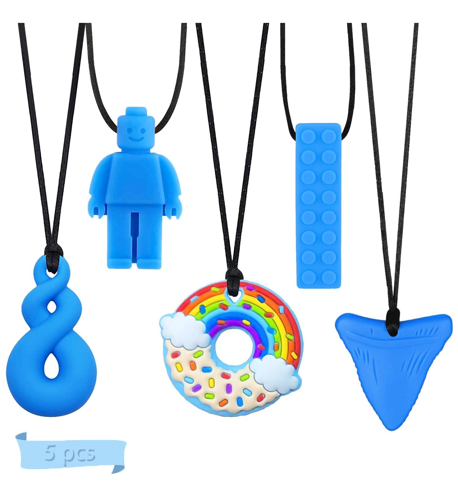 5Pcs Sensory Chew Necklace Blue Teether Chew Toys for Autistic Children | Anxiety Biting Needs Silicone Chewy Teether Toy - Food Grade Silicone for Kids Teething - Buy Online on SooperMarket.com