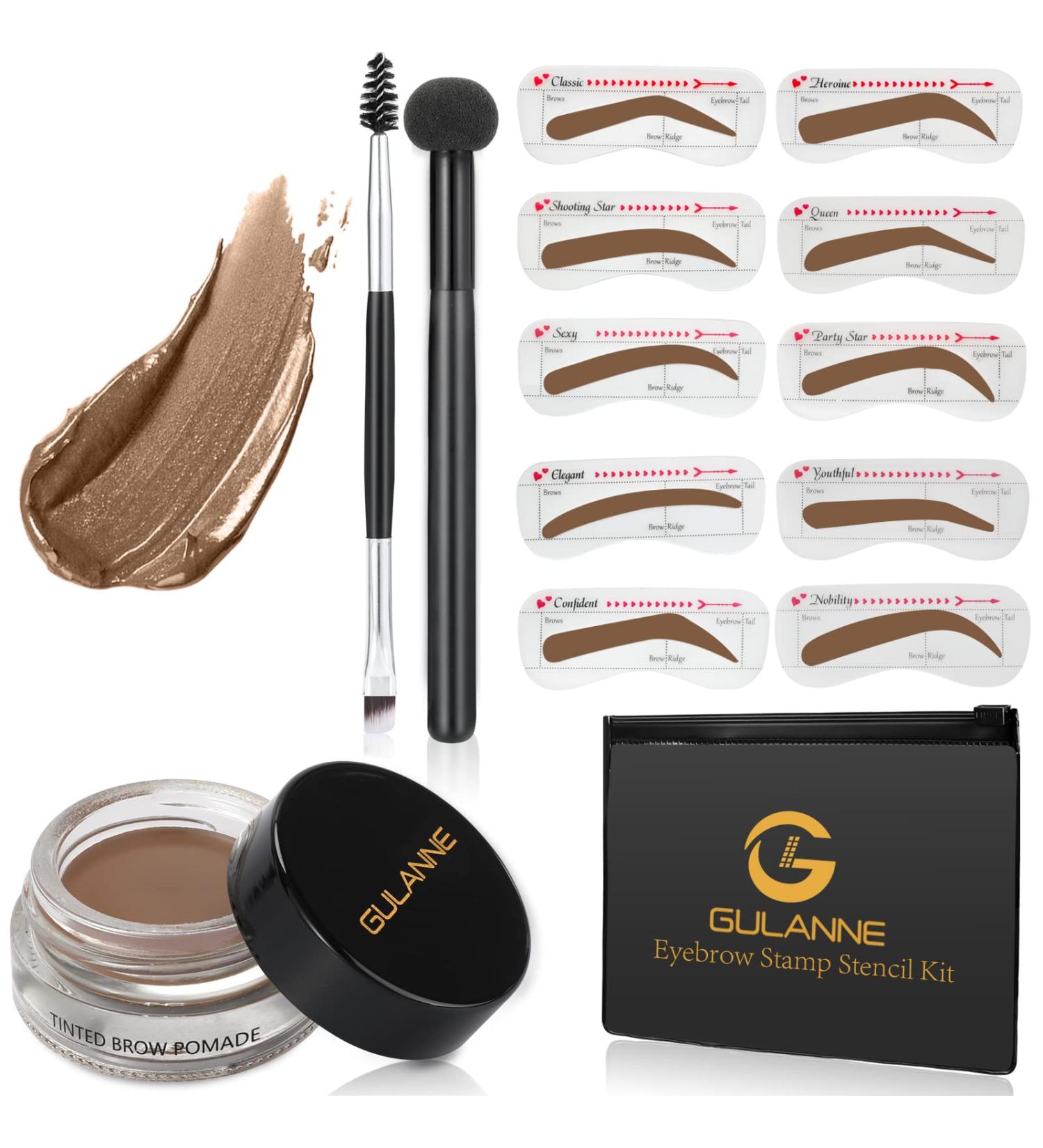 Bushy Eyebrow Stamp Stencil Kit - 20 Stencils, Waterproof Pomade & Dual-ended Brush in Soft Brown - Buy Online on SooperMarket.com