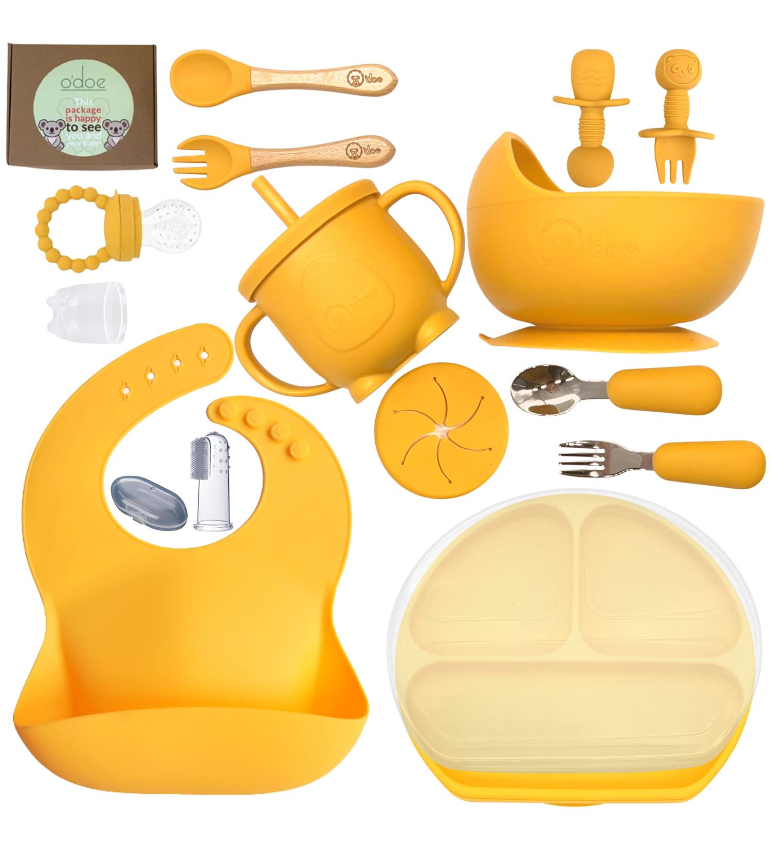 O'doe Baby Led Weaning Feeding Set (17 Pcs) | Suction Silicone Bowl, Utensils, Spoons, Bibs, Plate Kit for Self Eating | Yellow V2 - Buy Online on SooperMarket.com