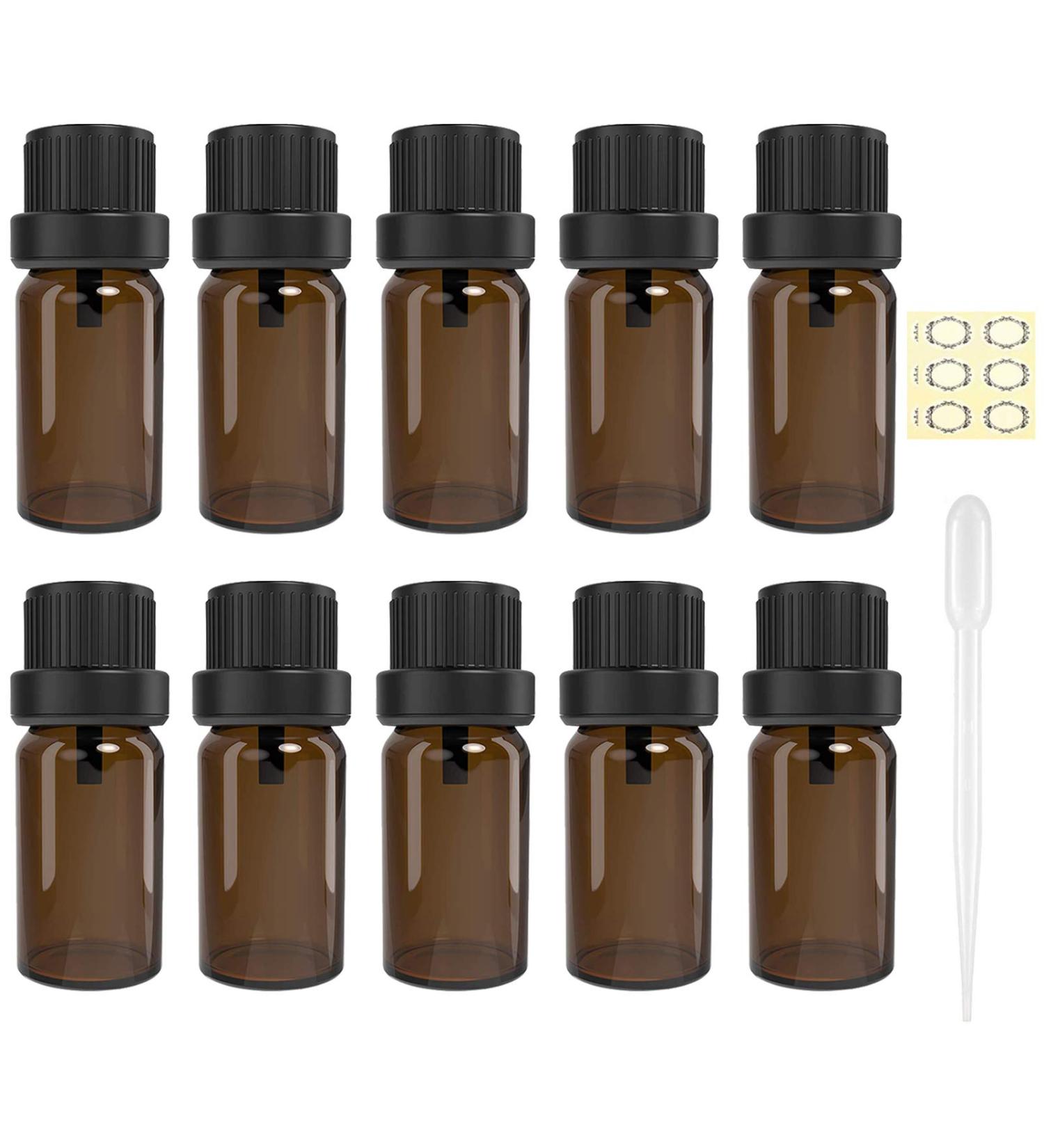 Alledomain 10Pcs 5ml Essential Oils Amber Glass Bottles with Black Cap & 1 Dropper & 12 Labels Mini Empty Amber Bottle Refillable Sample Container for Massage oils/Aromatherapy/Perfume - Buy Online on SooperMarket.com