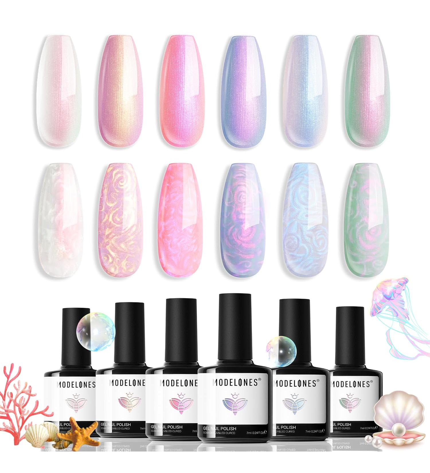 Modelones Pearl Gel Nail Polish Set - 6 Colors Aurora Iridescent Shimmer | Soak Off LED Summer Glitter DIY Nail Art - Mermaid Shell Effect - Buy Online on SooperMarket.com