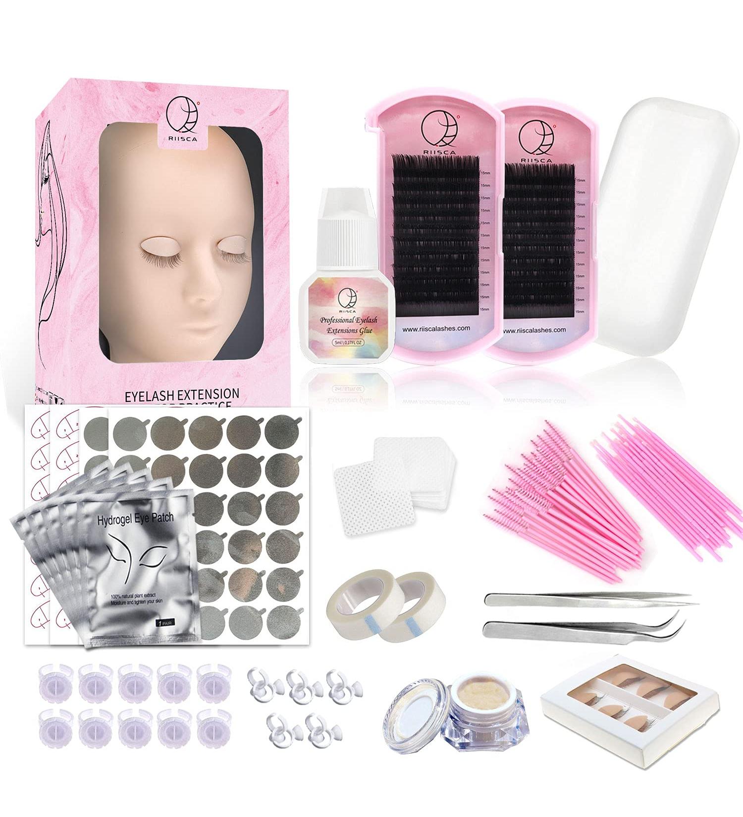 RIISCA Eyelash Extension Kit with Replaced Eyelids Silicone Training Set - Professional Lash Extension Supplies for Beginners - Makeup and Eyelash Grafting - Mannequin Head Included - Buy Online on SooperMarket.com