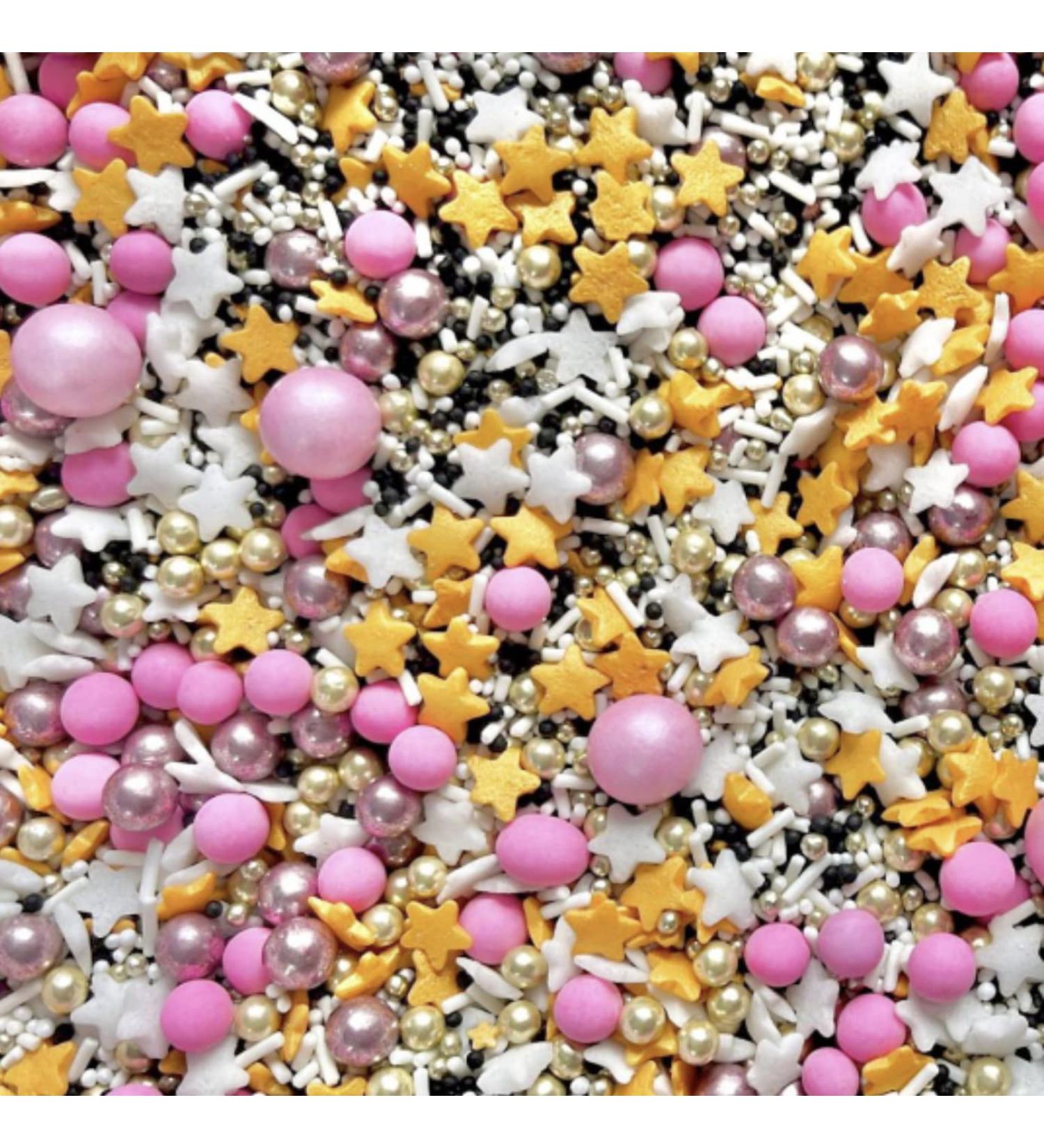 Pink white stars gold New Year's Eve NYE graduation sprinkles white pearls chocolate balls edible cupcake cake toppers biscuits pearls decoration 100s 1000s bright baking SHOOTING STAR